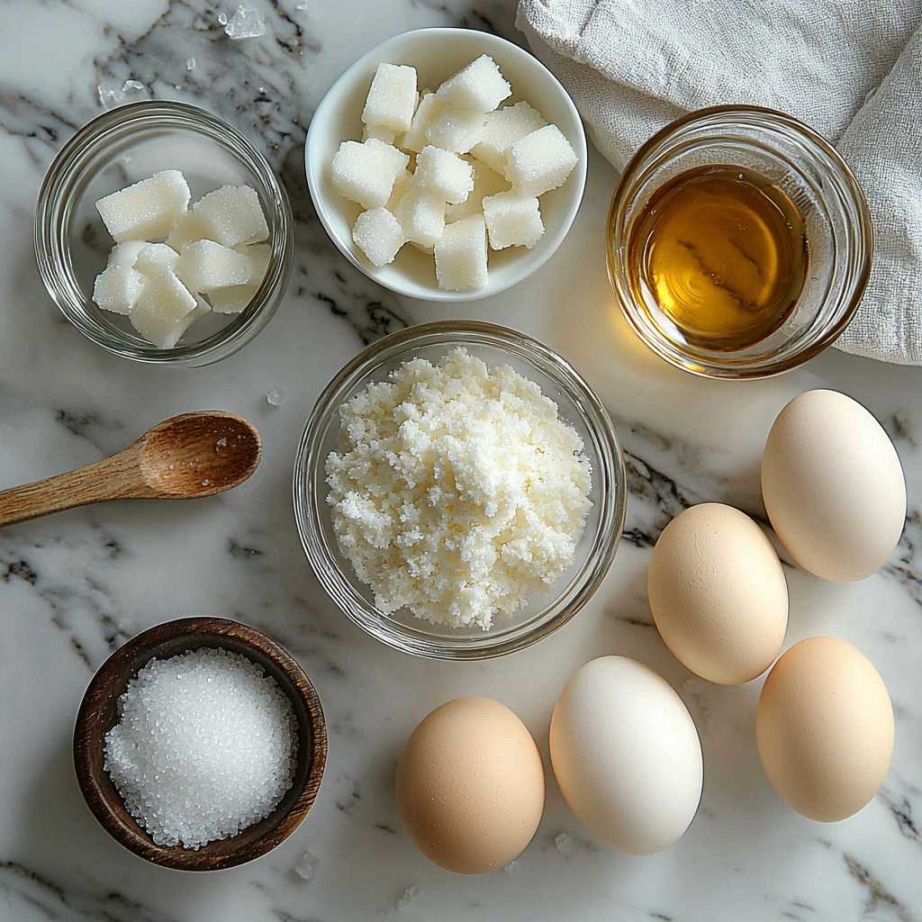 4 large fresh egg whites in a clear glass bowl showing their translucent, glossy texture; small white porcelain dish with ½ teaspoon cream of tartar powder, fine and chalky; a tiny ceramic bowl holding ⅛ teaspoon fine salt crystals; a clear glass measuring cup filled with 1 cup sparkling white granulated sugar, crystalline texture catching the light; a small glass ramekin with pale golden vanilla extract, slightly viscous with a warm amber hue. All ingredients neatly arranged on a pristine white marble surface, evenly spaced in a balanced circular layout, soft natural lighting highlighting the delicate textures and subtle color contrasts, minimal shadows, clean and airy feel, styled with a small wooden spoon resting beside the sugar, a folded crisp white linen napkin partially visible at one corner, emphasizing freshness and simplicity. overhead shot, top down view, flat lay photography, professional food styling --ar 1:1 --q 2 --s 750 --v 6.1