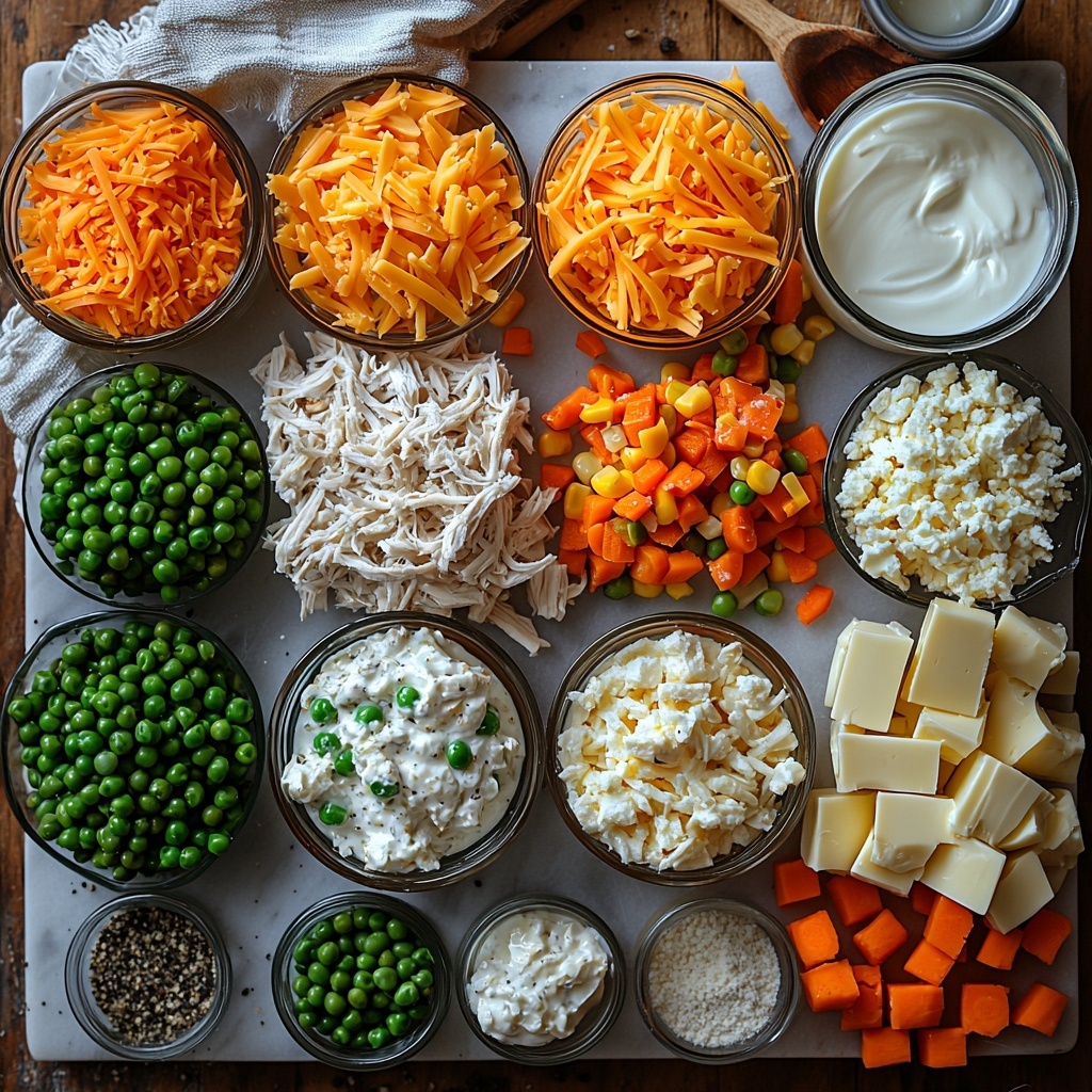 rotisserie chicken shredded into fluffy white and golden pieces, vibrant frozen mixed vegetables including bright green peas, orange carrots, yellow corn, and green beans in a small bowl, creamy off-white can of cream of chicken soup in a rustic container, smooth pale sour cream in a glass bowl, clear light yellow chicken broth in a small glass measuring cup, piles of warm-toned spices: garlic powder, onion powder, black pepper, and salt arranged neatly on a slate board, shredded sharp cheddar cheese in rich orange-yellow mounds, a mound of soft all-purpose flour with subtle white powdery texture, baking powder and salt measured in small ceramic spoons, cold unsalted butter cut into perfect pale yellow cubes on a wooden cutting board, a glass jug of white creamy milk, additional shredded cheddar cheese sprinkled artistically, all ingredients spread evenly and thoughtfully placed on a clean white marble surface with soft natural light casting gentle shadows, rustic wooden utensils and a linen napkin complementing the scene, minimalistic and inviting arrangement emphasizing textures and vibrant colors, overhead shot, top down view, flat lay photography, professional food styling --ar 1:1 --q 2 --s 750 --v 6.1
