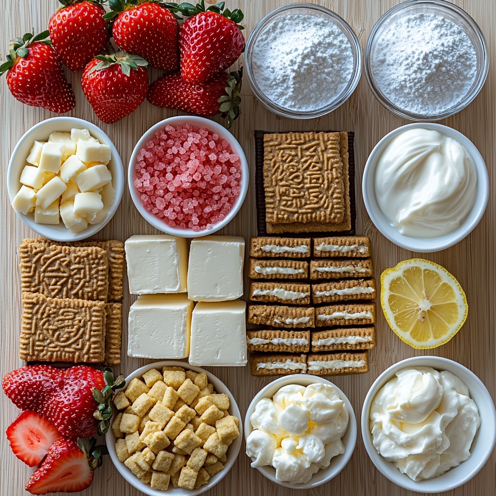 freeze-dried strawberries in small crinkled bags and loose crumbs scattered, Golden Oreo Thins and crushed Oreo crumbs in a small white bowl, vibrant red strawberry powder in a neat pile and sprinkled lightly, melted golden unsalted butter in a small glass bowl, full graham cracker sheets stacked next to a pile of fine graham cracker crumbs, white sugar and powdered sugar in simple white ceramic bowls, a pinch of coarse kosher salt beside a butter knife, cold heavy whipping cream and full-fat cream cheese blocks on a clean white surface, fresh lemon zest and a halved lemon with fresh lemon juice shown in a small glass dish, vanilla bean paste in a tiny clear jar, creamy sour cream in a small white ramekin, fresh ripe strawberries grouped attractively for garnish, all ingredients arranged neatly with contrasting textures and colors on a smooth light wooden background, natural soft daylight, minimal shadows, styled with rustic elegance and clean modern lines, overhead shot, top down view, flat lay photography, professional food styling --ar 1:1 --q 2 --s 750 --v 6.1