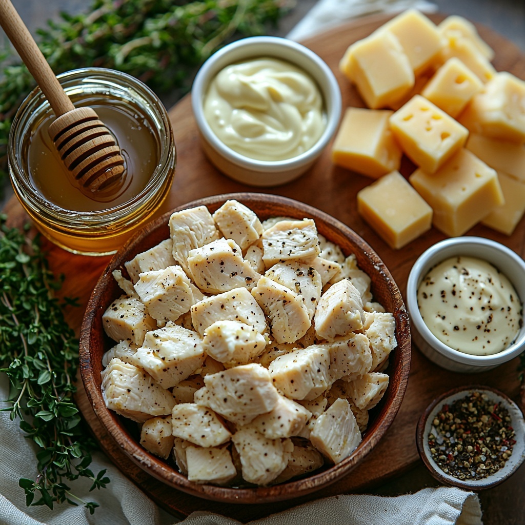 Boneless skinless chicken breasts cut into bite-sized pieces in a small rustic bowl, golden honey in a small glass jar shimmering under soft light, smooth creamy Dijon mustard spooned artistically onto a white ceramic dish, lightly toasted slider buns stacked neatly showing their warm golden-brown crusts, a small bowl of creamy white mayonnaise with a vintage spoon, slices of bright orange cheddar and pale Swiss cheese fanned out on a wooden board, small white dishes containing coarse salt, cracked black pepper, garlic powder, and onion powder arranged symmetrically, fresh sprigs of green thyme and rosemary adding a pop of color, all ingredients placed on a clean, light textured linen surface with natural daylight casting gentle shadows, styled with minimalistic props like a linen napkin and wooden utensils, colors vibrant and textures clear — overhead shot, top down view, flat lay photography, professional food styling --ar 1:1 --q 2 --s 750 --v 6.1