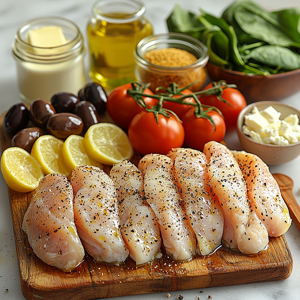 boneless skinless chicken breasts, lemon pepper seasoning in a small bowl, Greek salad dressing in a glass jar, chicken broth in a clear measuring cup, half chicken bouillon cube beside broth, half and half in a small glass pitcher, avocado oil in a tiny transparent bottle, dry white wine in a small elegant bottle, golden butter slab on a wooden board, minced garlic cloves arranged on a white ceramic spoon, uncooked angel hair pasta nest, fresh packed baby spinach leaves scattered loosely, vibrant halved cherry tomatoes, shiny kalamata olives, fresh lemon wedges and a small bowl of lemon juice, crumbly feta cheese in a rustic ceramic bowl — all arranged neatly and spaced evenly on a clean white marble surface, natural soft daylight highlighting textures and vibrant colors, subtle shadows adding depth, styled with minimal props like a linen napkin and wooden utensils for warmth, crisp focus capturing details from glossy tomatoes to powdery lemon pepper, slight overhead perspective, overhead shot, top down view, flat lay photography, professional food styling --ar 1:1 --q 2 --s 750 --v 6.1