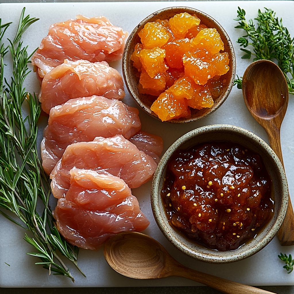 A bright and clean flat lay featuring the main ingredients for Easy 3 Ingredient Orange Chicken: a neatly trimmed raw boneless, skinless chicken breast showcasing its juicy, tender texture with pale pink hues; a small glass bowl filled with vibrant, glossy orange marmalade highlighting its sweet, zesty, and slightly translucent texture; and a rustic ceramic dish holding rich, smoky BBQ sauce with a deep reddish-brown color and a smooth, slightly thick consistency. All ingredients are arranged on a pristine white marble surface that enhances their natural colors, with soft natural lighting casting gentle shadows to add depth. Minimal props such as a small wooden spoon and fresh green herbs subtly frame the scene without overpowering the composition. The overall style is clean, fresh, and inviting, emphasizing the simplicity and appeal of the recipe. Overhead shot, top down view, flat lay photography, professional food styling --ar 1:1 --q 2 --s 750 --v 6.1
