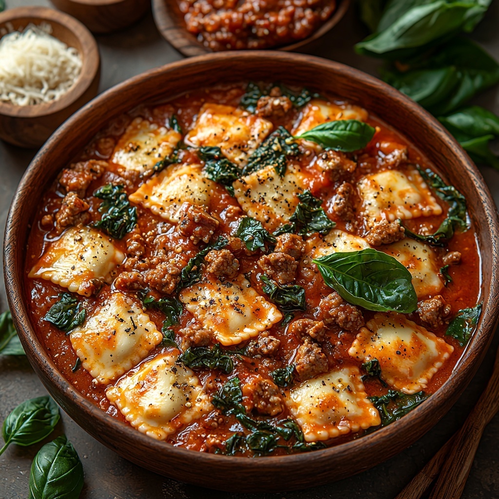 1 lb cheese or meat-filled ravioli, 3 cups bright red marinara sauce in a rustic bowl, 2 cups shredded mozzarella cheese with soft, fluffy texture, ½ cup finely grated Parmesan cheese in a small wooden scoop, optional cooked ground beef with rich brown color, Italian sausage sliced into rounds showing herbs and spices, sautéed spinach with vibrant deep green leaves, sliced mushrooms with smooth, pale caps; all ingredients carefully arranged on a clean white surface, spaced evenly with natural light highlighting the contrasting colors and textures; small wooden spoons and fresh basil leaves scattered for visual interest, a warm and inviting rustic kitchen atmosphere; overhead shot, top down view, flat lay photography, professional food styling --ar 1:1 --q 2 --s 750 --v 6.1