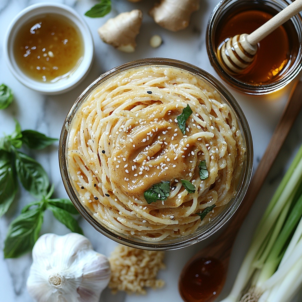 twelve ounces of spaghettini pasta coiled loosely, smooth and pale golden strands; a small bowl of creamy peanut butter, rich and velvety with a warm beige tone; a clear glass measuring cup filled with dark amber soy sauce reflecting light; a small white ramekin of translucent, pale rice vinegar; a tiny dish holding glossy, deep golden sesame oil; a spoon with thick, glossy honey dripping softly, warm amber color; a small dish with vibrant bright red sriracha sauce, smooth texture; two peeled garlic cloves next to a fine heap of minced garlic, creamy white and slightly sticky; a small pile of finely grated fresh ginger, warm yellow with fibrous texture; a glass bowl with warm water showing slight ripples; two bright green onions, long and slender with crisp green tops and white bases, sliced and whole; all ingredients are neatly arranged on a clean white matte surface with subtle natural daylight casting soft shadows to enhance colors and textures, styled with minimal rustic props like wooden spoons and neutral linen napkins for an inviting, fresh kitchen vibe, overhead shot, top down view, flat lay photography, professional food styling --ar 1:1 --q 2 --s 750 --v 6.1