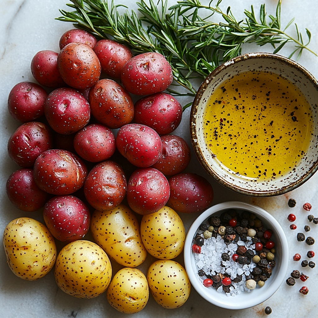 A clean white marble surface with small Yukon Gold and red potatoes of uniform size arranged in a loose cluster on one side, showcasing their smooth, round textures and warm golden and deep red hues; nearby, a small rustic ceramic bowl filled with rich, golden extra virgin olive oil glistening under soft natural light; sprinkled garlic powder in a delicate ceramic spoon, fine and pale beige, accompanied by small white ceramic dishes holding coarse sea salt and freshly ground black pepper with contrasting textures and colors; the ingredients are spaced thoughtfully with subtle shadows and highlights to emphasize freshness and simplicity, styled with minimal props like a small sprig of fresh herbs for a pop of green color, creating an inviting, clean, and vibrant atmosphere—overhead shot, top down view, flat lay photography, professional food styling --ar 1:1 --q 2 --s 750 --v 6.1