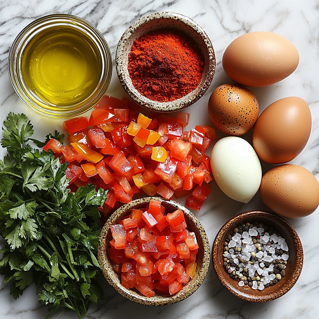 A clean white marble surface displaying the main ingredients for traditional shakshuka artfully arranged: a small glass bowl of rich golden olive oil with a smooth, glossy surface; a medium yellow onion diced into neat cubes showing its layered texture; vibrant red bell pepper pieces, evenly diced with shiny, crisp skin; four garlic cloves finely chopped, with their creamy white, slightly rough texture visible; small ceramic bowls containing bright red paprika powder, warm brown cumin, and deep red chili powder, each with fine, velvety texture; a rustic, opened can revealing whole peeled tomatoes, their juicy, glossy red flesh soaked in vibrant red tomato juice; six fresh large eggs nestled in a small bowl, their smooth, matte shells pale cream in color; salt and freshly cracked black peppercorns artistically spilled beside a tiny wooden spoon; a small bunch of fresh cilantro with bright green, delicate leaves, and a handful of parsley sprigs with rich green, textured foliage. All ingredients arranged with balanced spacing and harmonious color contrast on the pristine surface, emphasizing natural textures and organic shapes. Soft natural lighting highlights the freshness and vivid colors, with subtle shadows creating depth. Overhead shot, top down view, flat lay photography, professional food styling --ar 1:1 --q 2 --s 750 --v 6.1