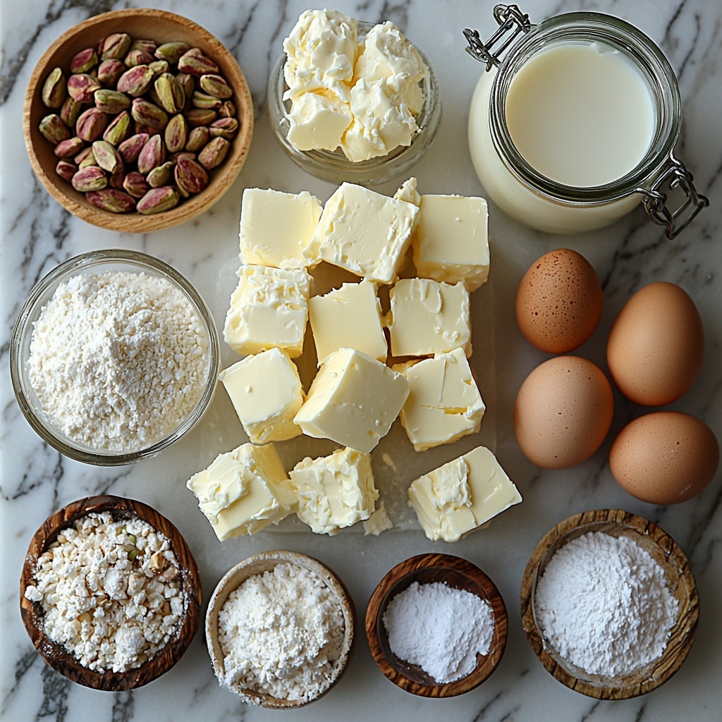 2 cups all-purpose flour in a neat mound with a fine dusting texture, 1 teaspoon baking powder and 1/2 teaspoon baking soda in small rustic bowls, a small pinch of salt spilled delicately on the clean surface, 1 cup unsalted butter cut into neat cubes showing smooth creaminess, 1 1/2 cups granulated sugar in a vintage glass jar reflecting light, 4 large brown eggs with smooth shells arranged in a row, 1 teaspoon vanilla extract in a tiny glass bottle with a cork stopper, 1 cup whole milk in a clear measuring cup showing pure white contrast, 1 cup finely chopped pistachios scattered loosely highlighting their vibrant green and purple hues and rough texture, 1 1/2 cups mascarpone cheese in a white bowl showing thick creamy texture, 1 cup heavy whipping cream in a small glass pitcher with a silky surface, 1/2 cup powdered sugar in a fine white heap with a little dustiness. All ingredients arranged evenly spaced on a clean white marble surface with soft natural light from the side, subtle shadows adding depth, minimalistic rustic kitchen props like a wooden spoon and linen napkin partially visible to enhance warmth and authenticity. The overall mood is calm, fresh, and inviting with a focus on natural colors and textures. overhead shot, top down view, flat lay photography, professional food styling --ar 1:1 --q 2 --s 750 --v 6.1