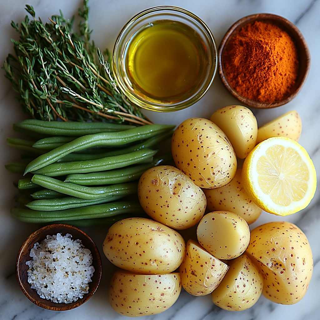 fresh green beans trimmed bright green with smooth, crisp texture arranged in a loose bundle; baby potatoes halved, creamy yellow interiors and light brown skins, scattered naturally showing both cut and skin sides; small glass bowl of golden olive oil with a glossy surface, nearby three cloves of garlic minced finely, white with slightly rough edges; small ceramic dish holding dried thyme and rosemary leaves, visibly green and textured; teaspoon of paprika vibrant reddish-orange powder delicately piled; small piles of coarse salt and freshly ground black pepper showing contrasting white crystals and black specks; wedge of lemon with bright yellow rind and juicy flesh placed casually; small bowl of grated Parmesan cheese, pale off-white, flaky and finely textured; all items arranged on a clean white marble surface, natural soft daylight casting gentle shadows, subtle rustic kitchen props like wooden spoon handle and linen napkin partially visible for warmth; emphasis on vivid colors, varied textures, balanced composition with negative space around the ingredients to highlight freshness and natural appeal overhead shot, top down view, flat lay photography, professional food styling --ar 1:1 --q 2 --s 750 --v 6.1