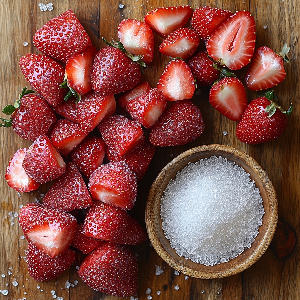 fresh sliced strawberries arranged in a neat pile showing vibrant red hues and juicy textures, a small wooden bowl filled with granulated sugar glistening white crystals beside them, some scattered sugar crystals sprinkled artfully around, all placed on a clean, light wooden surface that contrasts softly with the bright colors of the strawberries, natural daylight highlighting the freshness and gloss of the fruit, subtle shadows adding depth, minimalistic styling with a focus on texture and color harmony, freshness conveyed through dew-like moisture on the fruit edges, overhead shot, top down view, flat lay photography, professional food styling --ar 1:1 --q 2 --s 750 --v 6.1