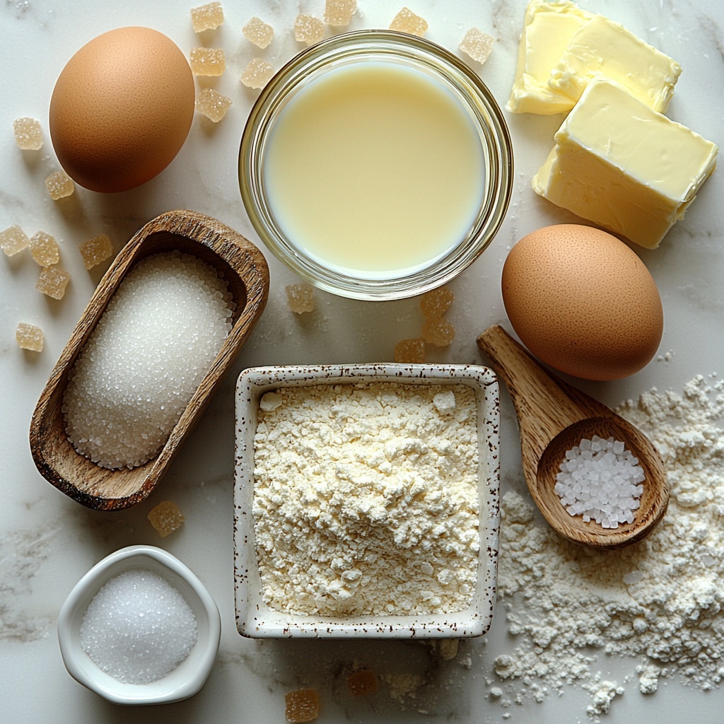 warm milk in a clear glass measuring cup, granulated sugar in a small white ceramic bowl, scattered sugar crystals, active dry yeast in a rustic wooden scoop with some loose granules nearby, a pat of unsalted butter softened on a square white dish, one large brown egg resting gently on a clean white surface, fine salt crystals in a tiny porcelain dish, all-purpose flour in a lightly floured mound with a wooden spoon partially buried, arranged neatly on a bright, clean white marble countertop with soft natural light casting gentle shadows, warm and inviting color palette highlighting creamy whites, soft yellows, and light browns, subtle textures of powdery flour, smooth butter, and granular sugar visible, minimalistic and airy styling emphasizing each ingredient’s freshness and quality, overhead shot, top down view, flat lay photography, professional food styling --ar 1:1 --q 2 --s 750 --v 6.1