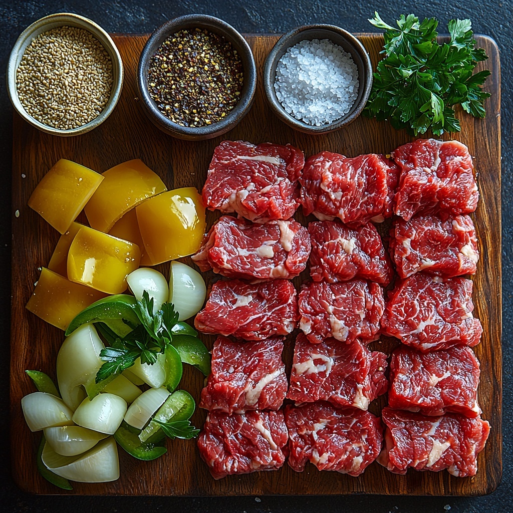 olive oil in a small glass bowl with golden highlights, a small onion thinly sliced with white and purple layers visible, a green bell pepper sliced into slender strips showing vibrant green glossy skin and inner seeds, thinly sliced ribeye steak with marbled red and pink texture arranged neatly on a wooden board, small piles of coarse salt and cracked black peppercorns, a tiny heap of light beige garlic powder in a ceramic spoon, a small dish of dark brown Worcestershire sauce with glossy surface, an unrolled tube of crescent roll dough showing soft pale buttery texture on parchment paper, six slices of creamy white provolone cheese stacked slightly offset, a small bowl with a golden beaten egg shimmering with slight bubbles, and a scattering of sesame seeds with light beige and toasty brown tones on a dark slate surface. All ingredients are carefully spaced on a clean white background with natural soft daylight, subtle shadows adding depth, styled with minimal props like a wooden spoon and fresh sprigs of parsley for contrast, overhead shot, top down view, flat lay photography, professional food styling --ar 1:1 --q 2 --s 750 --v 6.1