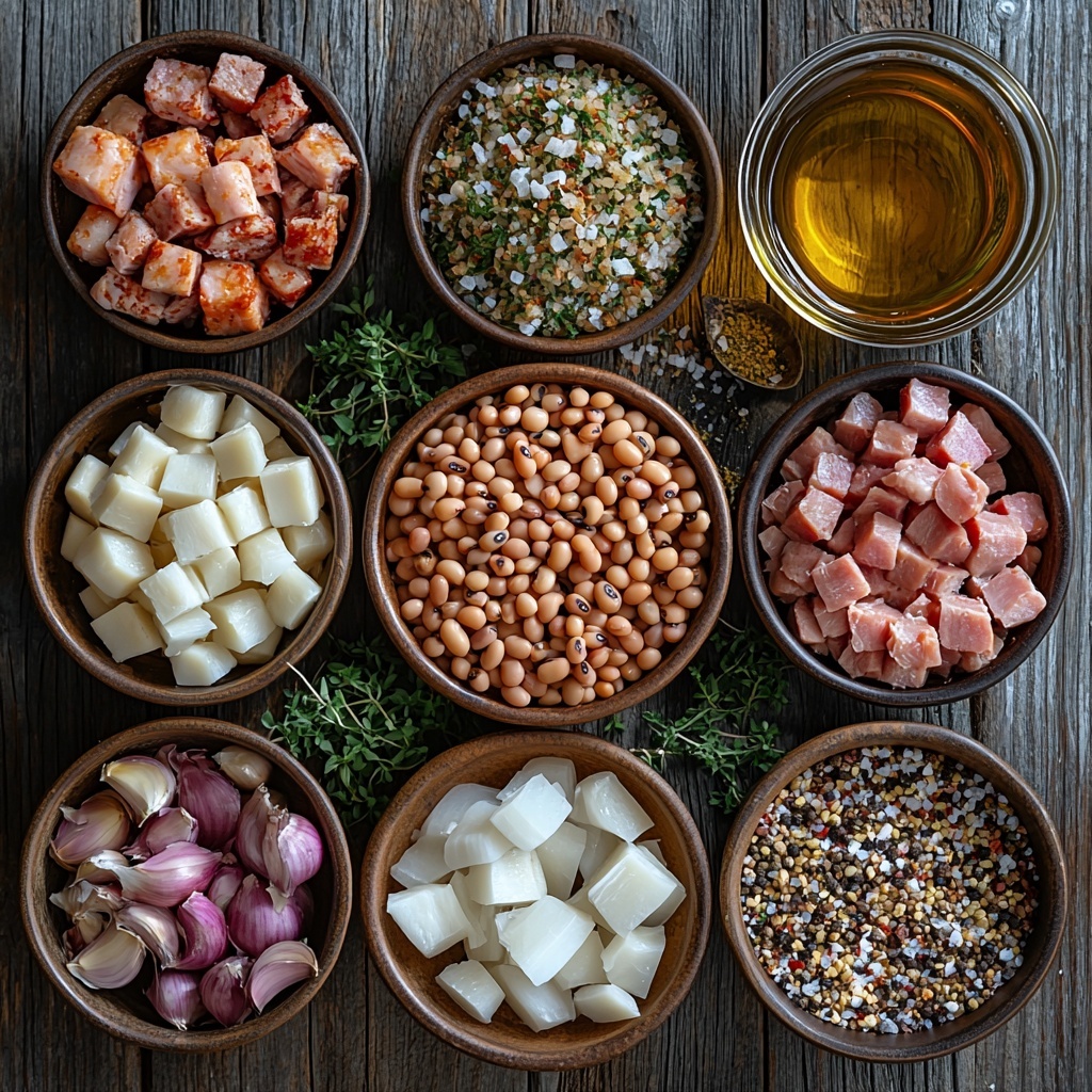 A clean, light wooden surface neatly arranged with the main ingredients for homemade black-eyed peas with ham hock: a rustic bowl of dried black-eyed peas showcasing their beige and black speckled texture; two smoked ham hocks with deep reddish-brown, slightly glossy skin; a small pile of diced salted pork cubes with pale pink and white marbling; two medium onions diced into neat 1/2-inch pieces with a crisp white and purple hue; three whole garlic cloves alongside a small heap of freshly minced garlic; fresh thyme sprigs with vibrant green leaves next to a few dried bay leaves in muted olive tones; small rustic bowls containing coarse sea salt crystals, cracked black pepper, smoked paprika, cayenne pepper, and crushed red pepper flakes in deep reds, oranges, and warm browns; a glass measuring cup with pale golden olive oil; a clear jar of dry white wine and a clear bowl of chicken broth with soft golden hues; all elements carefully spaced and balanced to highlight their natural colors and textures, minimal shadows, natural soft lighting emphasizing freshness and rustic homeliness, styled with hints of linen cloth and simple wooden spoons to enhance the cozy cooking vibe, overhead shot, top down view, flat lay photography, professional food styling --ar 1:1 --q 2 --s 750 --v 6.1