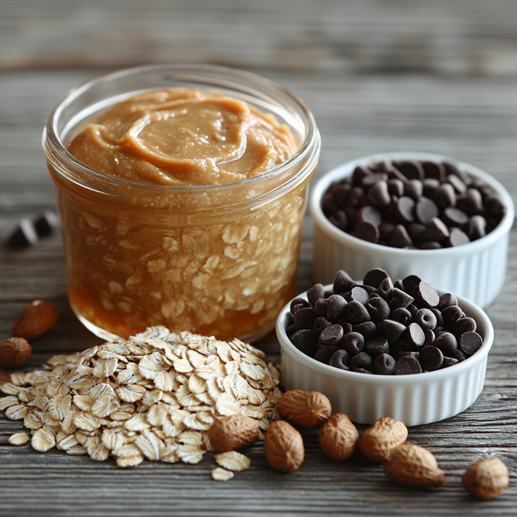 A clean, light wooden surface arranged with the main ingredients for peanut butter energy balls: a small glass bowl of creamy peanut butter with its glossy, smooth texture; a clear measuring cup filled with rolled oats showing their flaky, coarse texture; a small jar of golden, viscous honey catching the light; a white ramekin holding mini chocolate chips, dark and shiny; a small bowl with crushed peanuts displaying their rough, crunchy texture and pale brown color. Scattered around are a few loose oats and crushed peanuts artfully placed to add natural texture and interest. The overall palette combines warm beige and brown tones with pops of deep brown from the chocolate chips and the honey’s amber glow. Soft, natural lighting emphasizes the different textures and colors, with gentle shadows adding depth. Overhead shot, top down view, flat lay photography, professional food styling --ar 1:1 --q 2 --s 750 --v 6.1