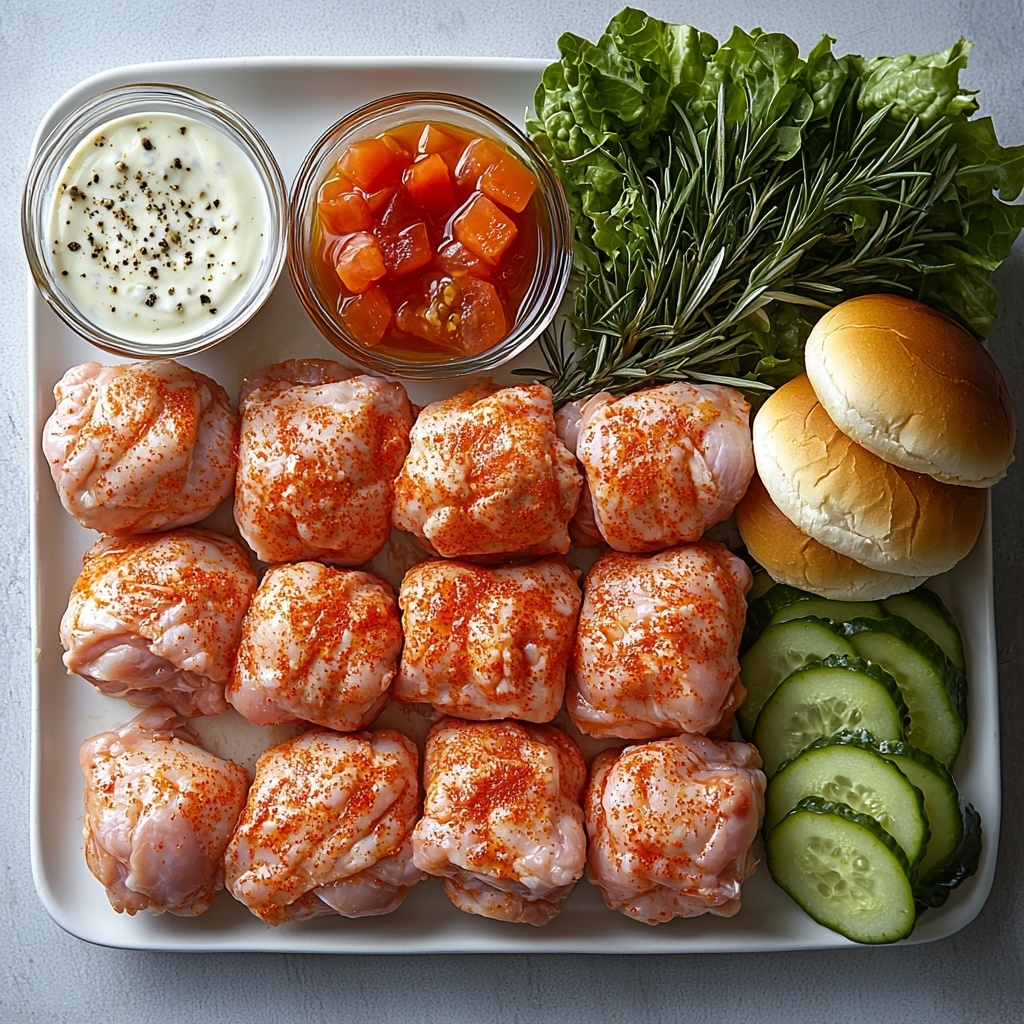 4 boneless skinless chicken thighs, pounded evenly, raw with a slight sheen, arranged neatly on a white plate; a small glass bowl of creamy buttermilk tinged with a few drops of bright red Sriracha; scattered coarse salt and black peppercorns alongside a small heap of garlic powder; a white ceramic bowl filled with a flour and cornstarch mixture tinted rusty-red from paprika and cayenne powder, with a wooden spoon resting gently inside; a small dish of pale orange spicy mayo blending mayonnaise and Sriracha; 4 lightly toasted golden burger buns with a subtle butter glaze stacked partially overlapping; fresh, crisp green lettuce leaves, vibrant red tomato slices, and bright green pickle slices artfully fanned out nearby; a small glass container of golden cooking oil catching the light; all ingredients arranged symmetrically and spaced on a clean, matte white surface with soft natural lighting that enhances the textures—from the fluffy flour mix to the glossy chicken skin—and vibrant colors, styled minimally with delicate shadows and no clutter, overhead shot, top down view, flat lay photography, professional food styling --ar 1:1 --q 2 --s 750 --v 6.1
