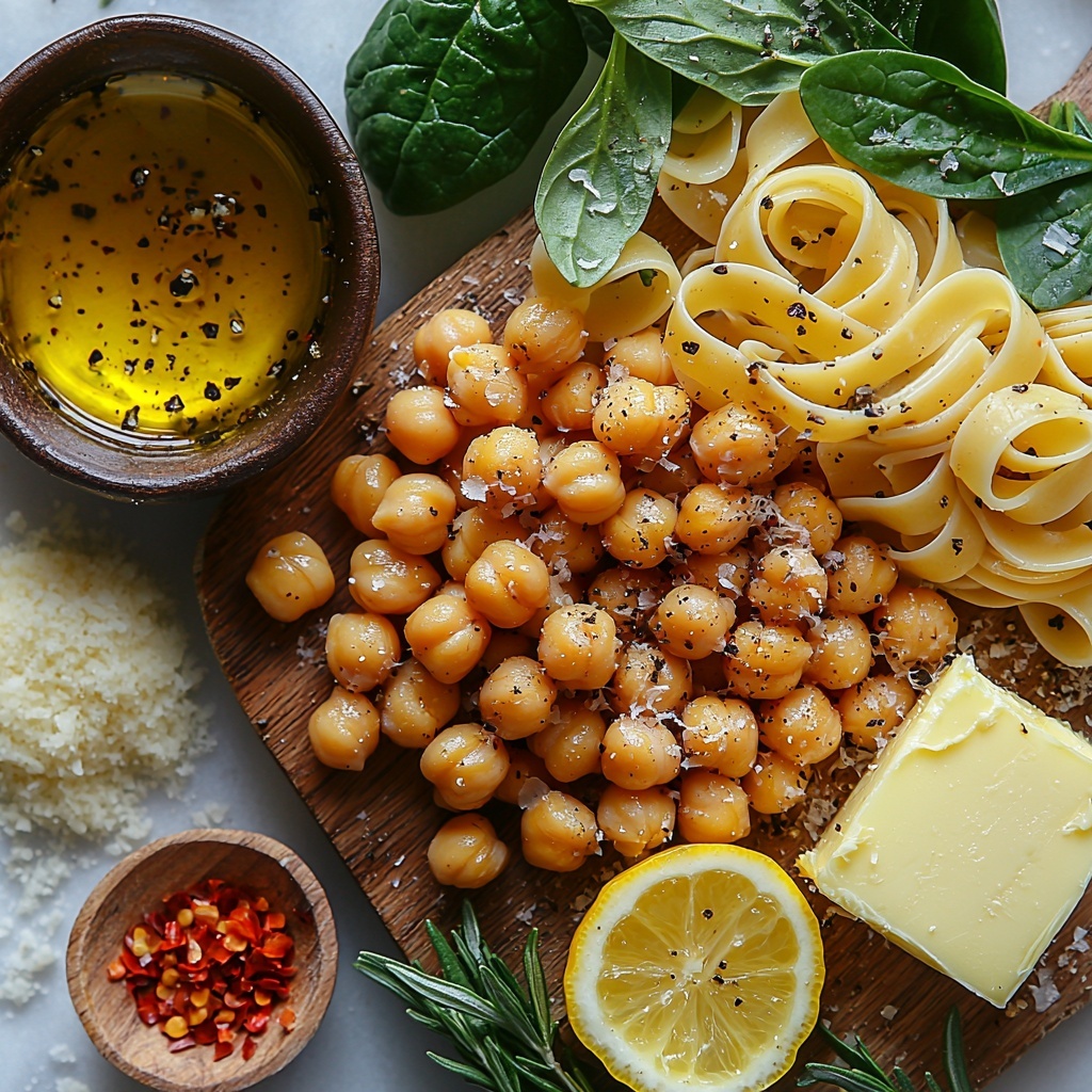 400g canned chickpeas, golden roasted with crispy texture, small ceramic bowl of olive oil with glistening surface, coarse salt crystals and freshly ground black peppercorns scattered nearby, uncooked pale yellow pasta nests neatly coiled, a small slab of creamy unsalted butter on a rustic wooden board, two plump garlic cloves peeled and minced finely, sprigs of fresh bright green rosemary and thyme laid out with visible leaf detail, small wooden spoon holding vibrant red chili flakes, fresh baby spinach leaves with deep emerald green color and delicate veins, a halved lemon showing juicy bright yellow pulp, a mound of finely grated pale ivory parmesan cheese in a small white bowl—all carefully arranged on a clean white marble surface with natural soft daylight creating gentle shadows, subtle rustic props like a linen napkin and wooden utensils placed around to add warmth and texture, focus on vivid colors and fresh ingredients, overhead shot, top down view, flat lay photography, professional food styling --ar 1:1 --q 2 --s 750 --v 6.1