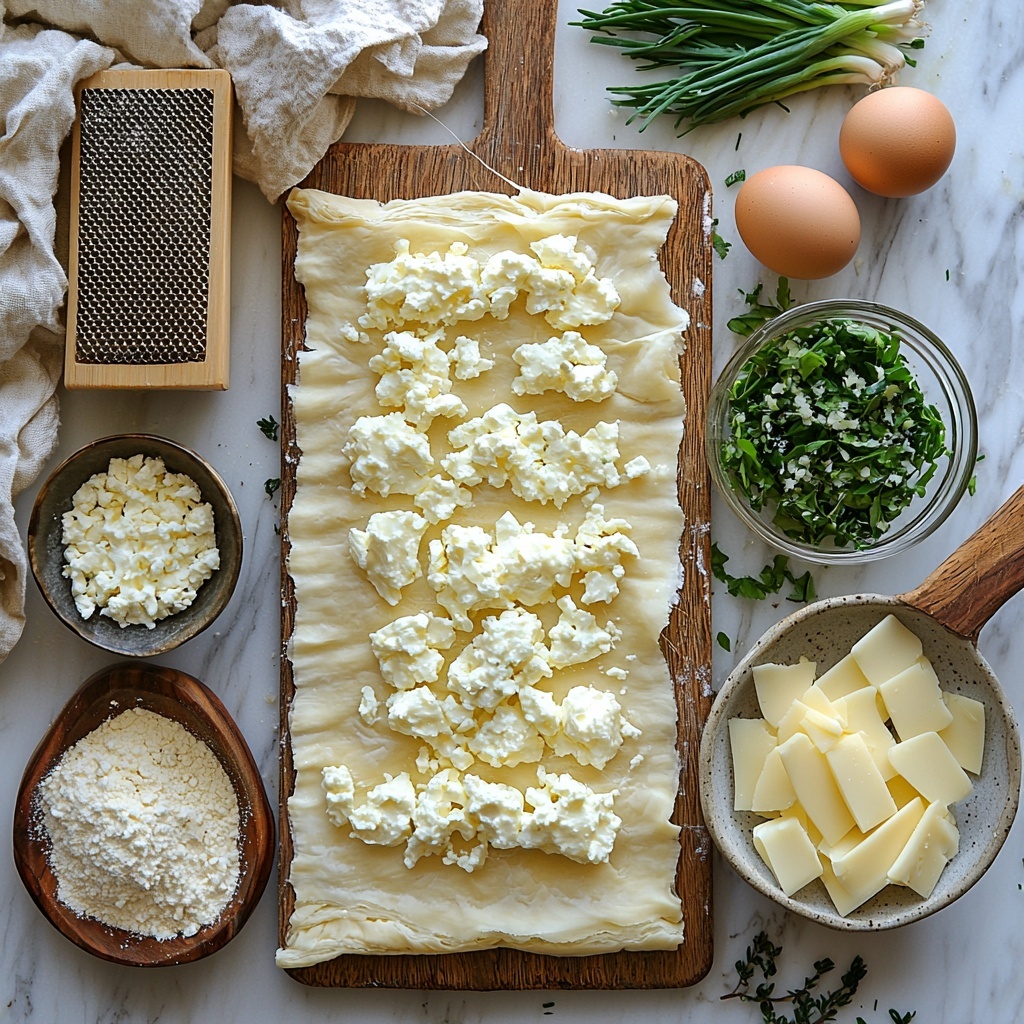 Puff pastry sheet gently unfurled on a clean white marble surface, lightly dusted with flour; a small glass bowl of crumbled white feta cheese with crumbly texture; another bowl with finely grated pale yellow mozzarella cheese; a bright green chopped green onion pile next to a wooden spoon with finely ground garlic salt; a microplane grater with fresh nutmeg shavings nearby, showcasing warm brown specks; a neatly squeezed and loosely piled mound of vibrant dark green defrosted chopped spinach; a small glass bowl with a glossy whisked egg mixed with water; natural soft daylight illuminating the ingredients with subtle shadows, emphasizing the varied textures and fresh colors, arranged thoughtfully with slight overlap and negative space for visual balance, styled with rustic wooden boards and a linen napkin casually folded at the edge, reflecting a cozy kitchen mood — overhead shot, top down view, flat lay photography, professional food styling --ar 1:1 --q 2 --s 750 --v 6.1