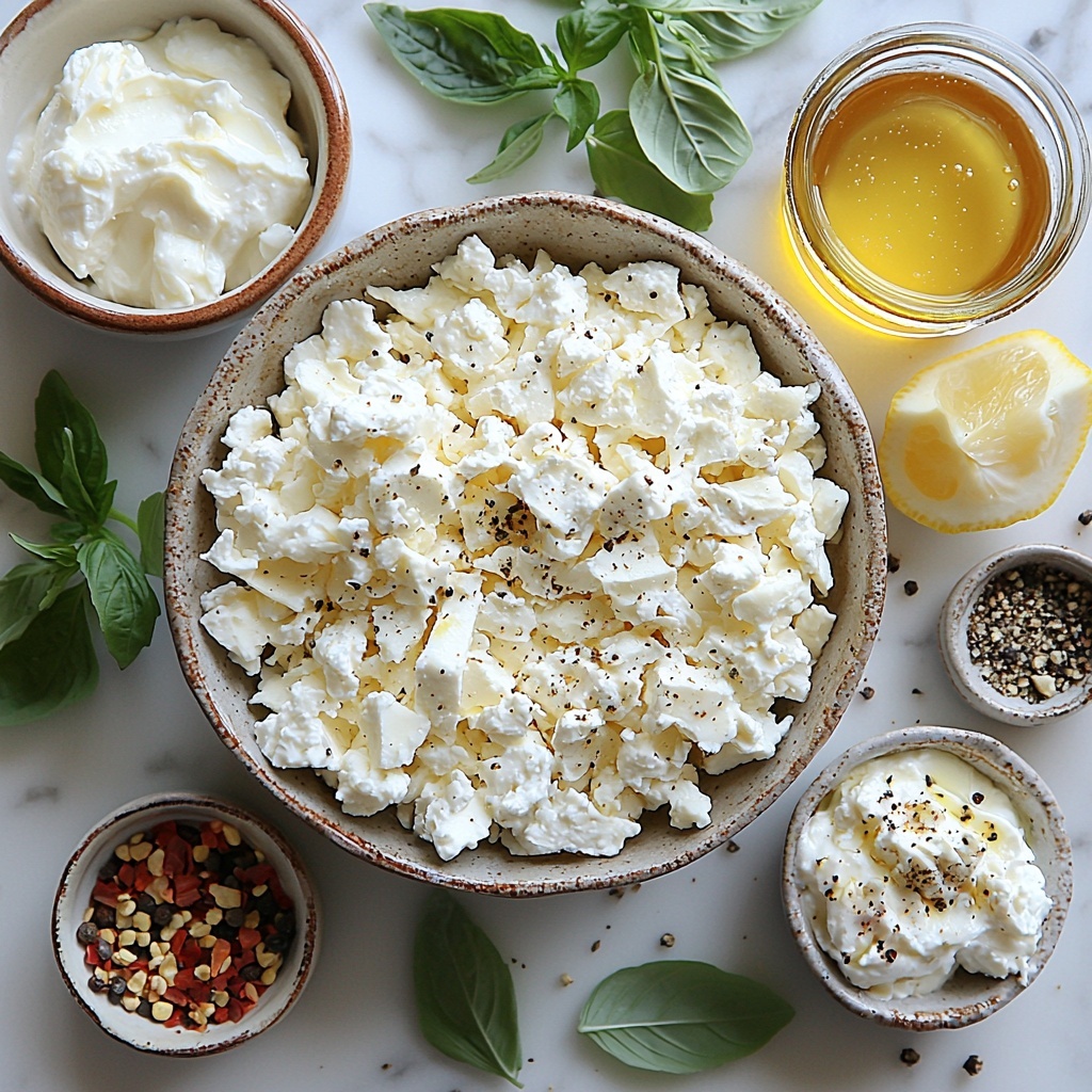 8 oz crumbled feta cheese in a small rustic bowl showcasing its crumbly white texture, 1/2 cup creamy ricotta cheese in a glass ramekin with a smooth surface, 1 teaspoon dried oregano scattered loosely on the clean surface revealing tiny green flakes, 1 teaspoon garlic powder in a small white ceramic spoon with powdery texture, 1/2 teaspoon cracked black pepper in a tiny bowl showing coarse black and gray specks, 1 package of thawed phyllo dough folded neatly displaying delicate, thin, translucent golden sheets, 1/2 cup melted unsalted butter in a clear glass measuring cup with glossy yellow liquid, 1/2 cup golden honey in a small jar glistening with rich amber color, 1-2 teaspoons red chili flakes in a small bowl with vibrant red and orange flakes, 1 tablespoon fresh lemon juice in a small glass bowl with pale yellow liquid and tiny pulp bits. All ingredients artistically arranged on a smooth white marble surface with soft natural light highlighting textures and colors, minimal shadows, a few sprigs of fresh oregano and a lemon wedge for garnish adding freshness. Overhead shot, top down view, flat lay photography, professional food styling --ar 1:1 --q 2 --s 750 --v 6.1