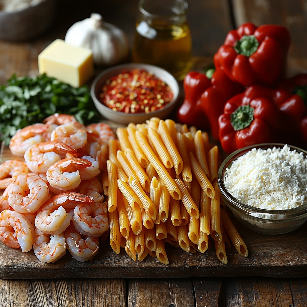 Twelve ounces of uncooked penne pasta scattered casually in a small clear glass bowl, one pound of raw chicken breast sliced thinly displayed on a rustic wooden cutting board alongside peeled and deveined shrimp with their translucent pinkish-white flesh, two small bowls containing vibrant thinly sliced red and green bell peppers arranged side by side, three peeled garlic cloves and a small heap of minced garlic resting on a smooth slate slab, a small rustic dish holding golden olive oil and a pat of creamy butter on a white ceramic plate, tiny piles of Cajun seasoning, smoked paprika, red pepper flakes, and cayenne pepper carefully measured in white porcelain spoons, a small glass ramekin filled with heavy cream showing a silky, glossy texture, a small heap of finely grated Parmesan cheese on a natural linen napkin, coarse sea salt and black peppercorns loosely scattered nearby, a wedge of fresh lime and a few bright green sprigs of parsley and cilantro adding fresh pops of color. All ingredients are neatly arranged on a clean, light wooden surface with soft natural lighting that highlights the rich, contrasting colors and textures — vibrant reds and greens, creamy whites, and warm earthy tones — styled with simple rustic props and minimal shadows to emphasize freshness and a home-cooked feel. overhead shot, top down view, flat lay photography, professional food styling --ar 1:1 --q 2 --s 750 --v 6.1