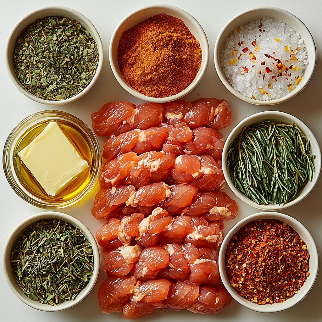 a clean, bright white surface with all main ingredients neatly arranged for a flat lay photograph: raw chicken tenderloins with a pale pink hue, a small glass bowl of melted golden butter with a glossy texture, separate small white bowls containing vibrant reddish-brown smoked paprika powder, a mix of green and dried herbs as Italian seasoning, granulated dark brown sugar, fine white salt, pale beige garlic powder, light beige onion powder, coarse black ground pepper, and a small bowl of bright red pepper flakes adding a pop of color; the ingredients are spaced evenly with natural soft daylight casting gentle shadows, minimalistic styling with rustic elements like a wooden spoon and a linen napkin partially visible, emphasizing organic textures and contrasting colors; clean, airy, modern aesthetic — overhead shot, top down view, flat lay photography, professional food styling --ar 1:1 --q 2 --s 750 --v 6.1