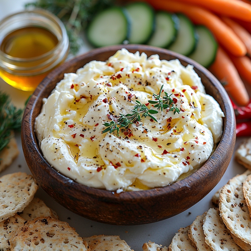 Boursin cheese in a rustic round block, cream cheese softened and smooth in a small bowl, shredded mozzarella cheese loosely piled showing its soft, stringy texture, a small glass jar of golden, sticky hot honey with a wooden honey dipper, fresh green thyme sprigs scattered delicately, a small dish with vibrant red pepper flakes, fresh cracked black peppercorns in a loose pile, a small drizzle of olive oil glistening on a white surface, an assortment of toasted bread slices, crispy crackers, and colorful sliced fresh vegetables (carrots, cucumbers) arranged neatly around. All ingredients spread evenly on a clean, bright white surface with natural soft lighting to highlight textures and colors, minimal shadows, warm inviting tones, slight rustic wooden accents in the background for depth, crisp focus, overhead shot, top down view, flat lay photography, professional food styling --ar 1:1 --q 2 --s 750 --v 6.1
