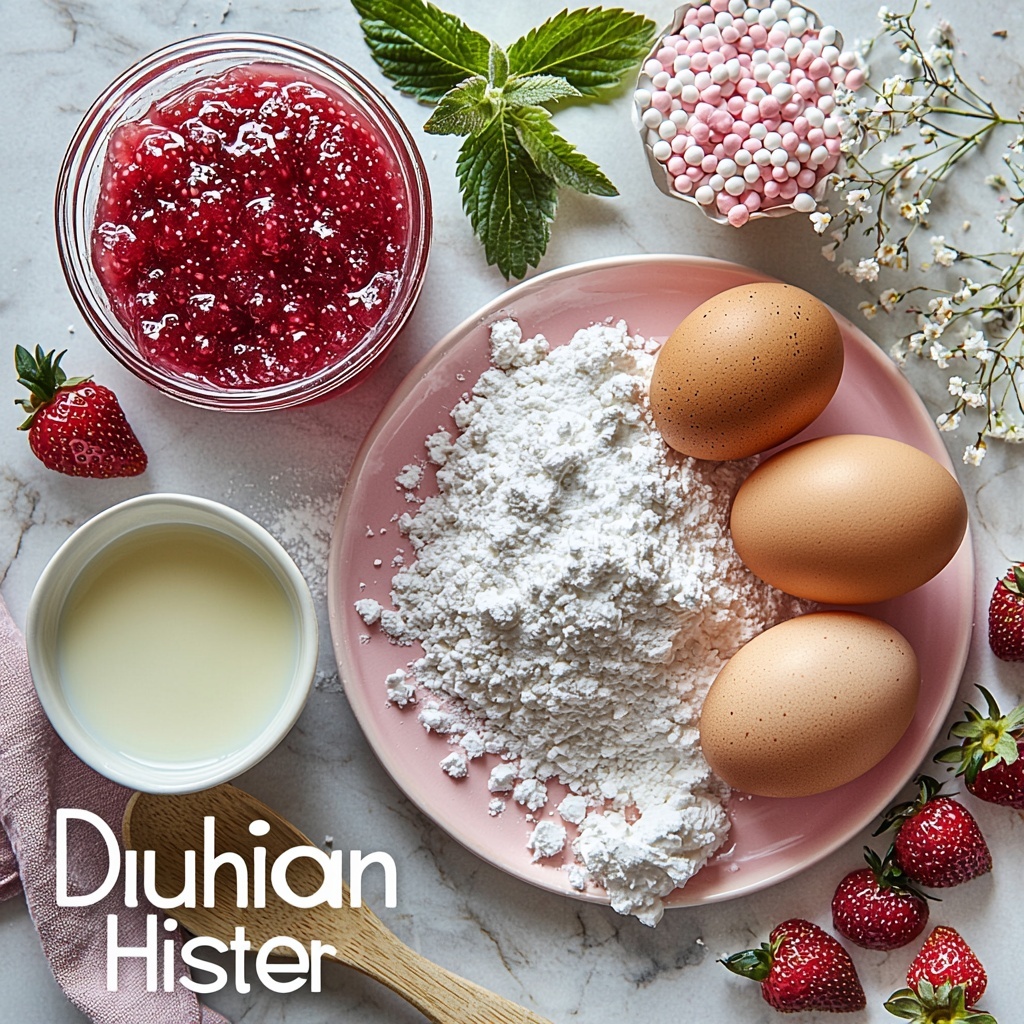 strawberry cake mix box (Duncan Hines) with vibrant pink and white packaging, two large brown eggs with smooth shells, small glass bowl of clear vegetable oil, small glass jar of rich red strawberry preserves with visible fruit pieces, white ceramic teaspoon filled with glossy vanilla extract, heap of fine white powdered sugar on a pastel pink plate, small clear glass measuring cup with creamy milk, all ingredients neatly arranged on a clean white marble surface with soft natural light, gentle shadows enhancing textures and colors, fresh green strawberry leaves casually placed nearby for a pop of color, minimalistic styling with subtle props like a wooden spoon and a linen napkin folded gently to the side, composition balanced and inviting, overhead shot, top down view, flat lay photography, professional food styling --ar 1:1 --q 2 --s 750 --v 6.1