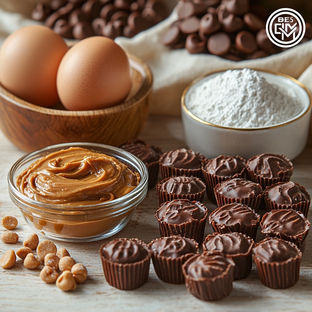 softened unsalted butter in a small glass bowl with a smooth creamy texture, a bowl of creamy peanut butter with rich golden-brown color and glossy surface, small glass jars filled with granulated white sugar and packed brown sugar showing fine and moist textures, one large fresh egg with smooth shell, a small glass ramekin of amber vanilla extract, a wooden bowl containing all-purpose flour with a soft powdery white texture, a tiny ceramic spoon holding baking soda powder, a pinch of fine salt grains on a rustic wooden spoon, a small white bowl filled with glossy mini chocolate chips, and 24 unwrapped mini Reese’s peanut butter cups arranged neatly in rows showing creamy peanut butter center and chocolate coating, all ingredients carefully spaced on a clean light-colored wooden surface with natural soft daylight highlighting the varied textures and rich warm hues, subtle shadows adding depth, minimal props like a folded linen napkin and vintage silver measuring spoons for styling, overhead shot, top down view, flat lay photography, professional food styling --ar 1:1 --q 2 --s 750 --v 6.1