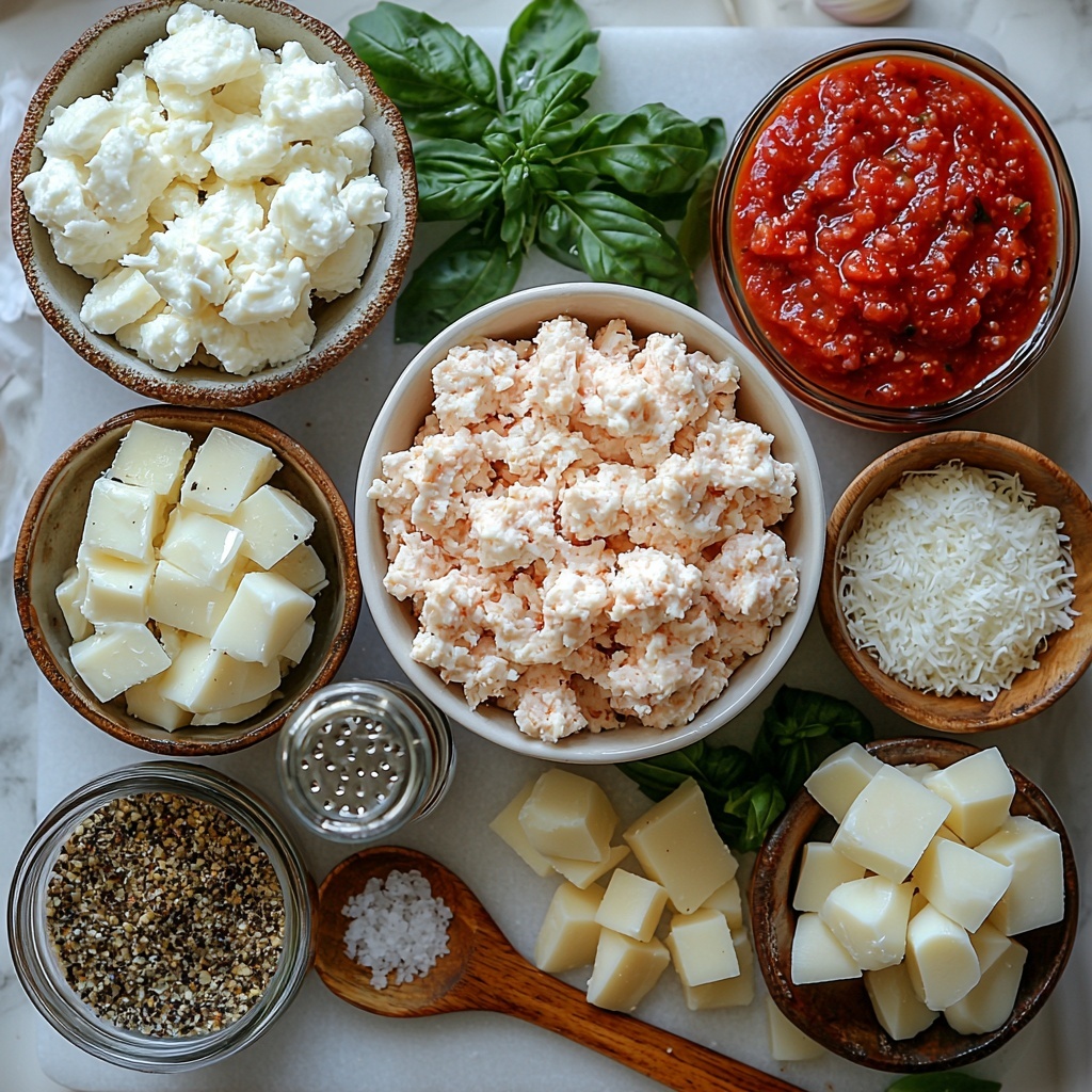 /Imagine prompt: A clean white marble surface displaying the main ingredients for Chicken Parmesan Cups arranged neatly in a well-balanced flat lay composition. A mound of pale pink ground chicken in a small white bowl contrasts with a rustic ceramic bowl filled with golden brown breadcrumbs. Nearby, a small glass bowl holds finely grated off-white Parmesan cheese, its delicate texture visible. A vibrant red bowl of smooth marinara sauce provides a rich color pop. Next to it, a small cluster of shredded mozzarella cheese strands, creamy white and fluffy, is scattered slightly to showcase texture. A tiny wooden spoon rests on a white dish containing coarse Italian seasoning with green herbs and flecks of dried spices, alongside another dish holding off-white garlic powder. Salt and peppercorns are displayed in glass shakers with metallic tops, adding subtle shine. The lighting is soft and natural, enhancing the fresh, inviting colors and textures. Minimal shadows emphasize the ingredients’ details. The overall styling is modern and clean, with negative space to create airy balance. Overhead shot, top down view, flat lay photography, professional food styling --ar 1:1 --q 2 --s 750 --v 6.1