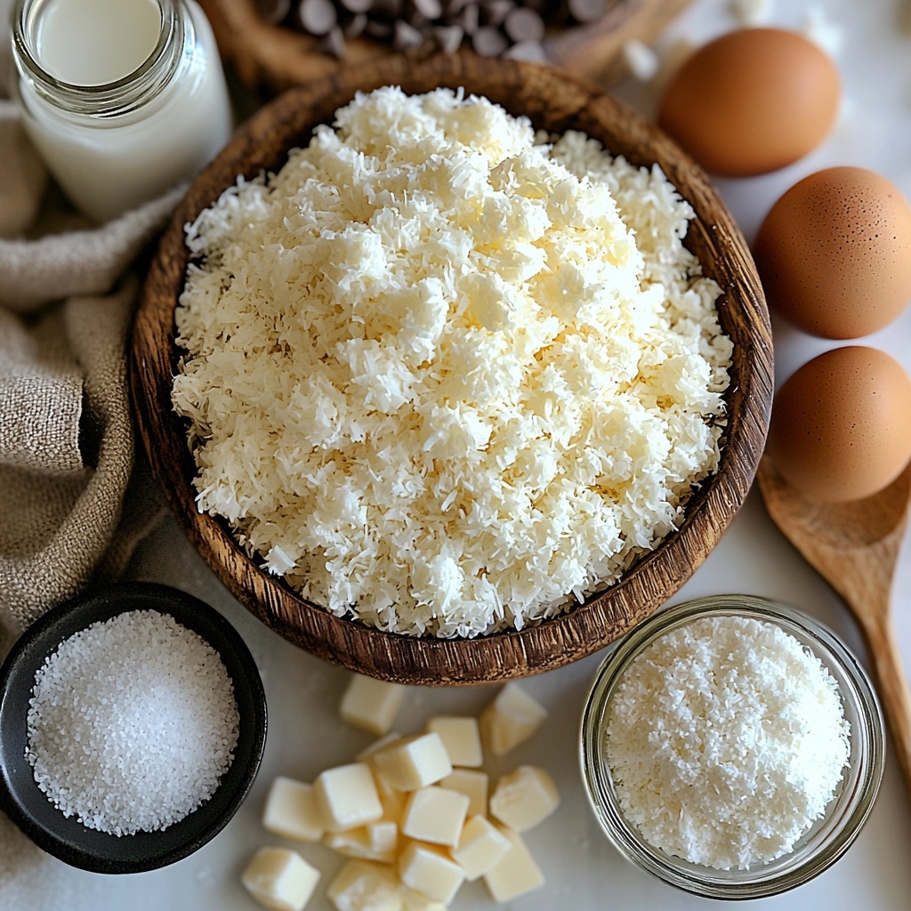 A bright, clean white tabletop scattered with key ingredients for gluten-free coconut macaroons: a small rustic bowl filled with fluffy, snowy white shredded unsweetened coconut, a glass jar of fine white granulated sugar sparkling under soft light, a vintage egg cup holding frothy, translucent egg whites, a small clear glass bowl of rich, golden vanilla extract, a tiny white ceramic dish containing fine white salt crystals, and a neat pile of glossy, dark semi-sweet chocolate chips spilling slightly from a minimalist black ceramic bowl. Natural textures of coconut fibers contrast with smooth glass and ceramic surfaces. Soft diffused daylight highlights the subtle shadows and vivid colors, creating a fresh and inviting atmosphere. The ingredients are thoughtfully spaced with a touch of casual elegance, enhanced by delicate linen napkins and a wooden spoon nearby to imply a baking preparation scene. Overhead shot, top down view, flat lay photography, professional food styling --ar 1:1 --q 2 --s 750 --v 6.1
