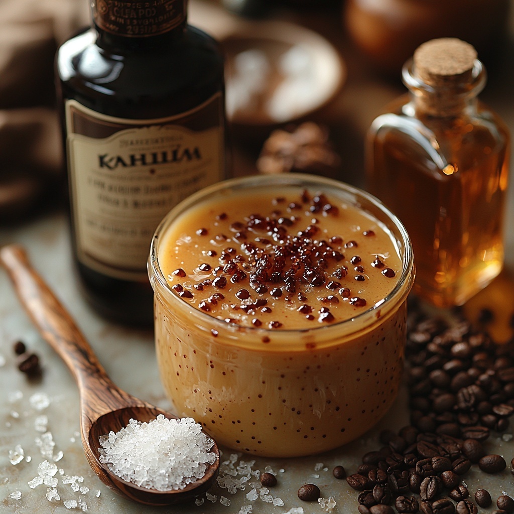 Baileys Irish Cream bottle partially poured, Kahlúa bottle with rich dark coffee liqueur, clear vodka bottle with subtle reflections, small glass bowl of glossy golden caramel sauce with smooth texture, small plate with raw sparkling sugar crystals, pinch of coarse sea salt scattered delicately beside a wooden spoon. All ingredients meticulously arranged on a clean white matte surface with soft natural lighting highlighting the warm caramel hues and the creamy and dark tones of the liqueurs. Contrast between the glossy caramel and the rough sugar crystals creates texture interest. Minimalist styling with a few ice cubes and gentle shadows adding depth. Overhead shot, top down view, flat lay photography, professional food styling --ar 1:1 --q 2 --s 750 --v 6.1