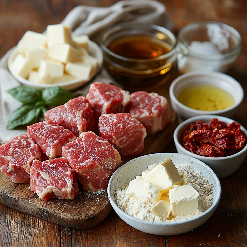 4 boneless pork chops, 1-inch thick, arranged neatly in a stack showing tender pink meat texture; small bowls with garlic powder, onion powder, salt, and black pepper in soft earth tones; a mound of all-purpose flour with fine white powder texture; a slab of creamy Kerrygold unsalted butter on a rustic butter knife; a small glass bowl of golden olive oil shimmering; minced garlic cloves placed on a white ceramic spoon; a small bowl of mixed Italian seasoning and red pepper flakes showing vibrant greens and reds; clear glass containers with pale yellow dry Pinot Grigio white wine and light golden chicken stock; a bowl of luscious heavy cream with smooth, glossy surface; sun-dried tomatoes chopped, deep red with rich wrinkled textures in a small rustic dish; freshly grated Parmesan cheese piled high, snowy and fluffy; fresh roughly chopped basil leaves scattered lightly with bright green color and natural texture; all ingredients carefully spaced on a clean light wooden surface with soft natural daylight casting gentle shadows, minimalistic styling emphasizing natural colors and textures, subtle linen napkin and simple vintage cutlery nearby to add warmth and homely feel, overhead shot, top down view, flat lay photography, professional food styling --ar 1:1 --q 2 --s 750 --v 6.1