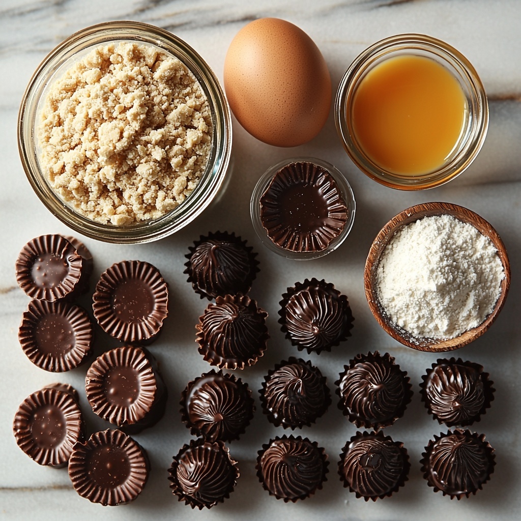Softened unsalted butter in a small glass bowl with a creamy texture, smooth jar of creamy peanut butter with a shiny surface, small piles of fine granulated sugar and packed brown sugar showcasing contrasting white and rich caramel hues, a single large brown-speckled egg resting on its side, a small glass dish with clear vanilla extract, a neatly spooned mound of all-purpose white flour, a small bowl containing fine baking soda and a pinch of salt side by side, a scattering of glossy mini chocolate chips glistening with deep dark brown color, and 24 unwrapped mini Reese’s peanut butter cups arranged in neat rows with their distinctive swirled milk chocolate tops visible—all carefully spread out on a clean matte white surface. Natural soft daylight highlights the textures and colors, casting gentle shadows for depth, styled with rustic beige linen napkins and a wooden spoon as accents, minimalistic and crisp composition emphasizing warm tones and inviting textures. overhead shot, top down view, flat lay photography, professional food styling --ar 1:1 --q 2 --s 750 --v 6.1