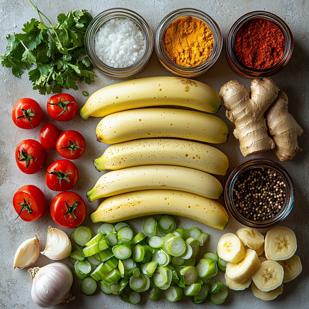Green bananas peeled and whole, their smooth pale green and cream flesh visible; medium onion chopped into white and purple layers; garlic cloves whole and minced with papery skins scattered nearby; fresh ginger root with rough tan skin alongside a small pile of finely grated ginger; bright green scallions sliced and whole stalks; medium red tomato chopped with vibrant seeds and juice pooling slightly; fresh thyme sprigs with delicate green leaves; whole Scotch Bonnet pepper deep orange-red, glossy and slightly wrinkled; loose allspice berries dark brown and round; small piles of Creole or Cajun seasoning with rich red and brown hues; coarse sea salt crystals sparkling; a rustic can of full-fat coconut milk with a slight sheen on the can’s rim; smooth, golden coconut oil in a small glass dish reflecting soft light. All ingredients meticulously arranged on a clean white textured surface, spaced evenly with subtle natural shadows, fresh herbs adding pops of green, colors vivid and textures contrasting—from smooth and creamy to rough and fibrous, emphasizing freshness and Caribbean vibrancy. Overhead shot, top down view, flat lay photography, professional food styling --ar 1:1 --q 2 --s 750 --v 6.1