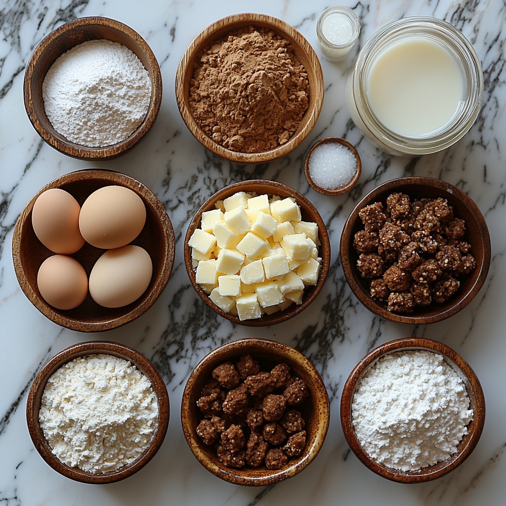 1/4 cup unsalted butter (melted in a small glass bowl), 1/4 cup light brown sugar (packed heaping pile), 2 tablespoons granulated sugar (white crystals in a small ceramic dish), 1/2 cup all-purpose flour (soft white powder in a rustic ceramic bowl), 1 1/2 teaspoons ground cinnamon (warm brown fine powder in a tiny spoon), pinch of salt (coarse white grains sprinkled delicately), 1 1/2 cups all-purpose flour (larger bowl with fluffy white flour), 1/3 cup light brown sugar (another heap with deep caramel tones), 1/2 teaspoon baking soda (white powder on a small vintage spoon), 1/2 teaspoon baking powder (similar small spoon with powder), 1/2 teaspoon salt (small heap of salt crystals), 1 large egg (smooth brown shell resting whole), 1/3 cup sour cream (creamy white dollop in a small bowl), 1/4 cup avocado oil (golden clear liquid in a small glass measuring cup), 1/4 cup milk (white creamy liquid in a tiny pitcher), 2 teaspoons vanilla extract (dark amber liquid in a small bottle), 1/2 cup confectioners sugar (fine white sugar powder in a ceramic bowl), 2 tablespoons milk (small amount in a tiny dish), 1 teaspoon vanilla extract (tiny dropper bottle), pinch of salt (small sprinkle)

All ingredients neatly arranged on a clean bright white marble surface with subtle natural light casting gentle shadows, each ingredient in its own neat container or spoon, artfully spaced to show varied textures — from smooth liquids and creamy dollops to powdery and grainy textures — warm neutral and earthy tones with soft highlights and minimalistic styling. Overhead shot, top down view, flat lay photography, professional food styling --ar 1:1 --q 2 --s 750 --v 6.1