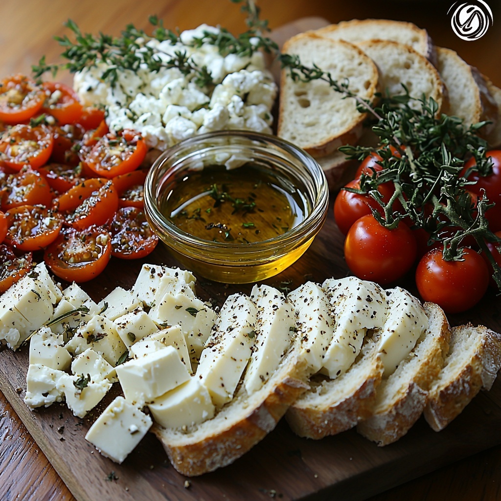 rustic sourdough and ciabatta loaf slices, sliced baguette, cubed white feta cheese, sliced fresh mozzarella, creamy goat cheese, mixed green and black olives, vibrant red cherry tomatoes, small glass bowl of golden extra virgin olive oil, sprinkling of dried oregano and dried thyme, fresh rosemary and thyme sprigs, coarse salt and cracked black pepper scattered lightly, all ingredients artfully arranged on a clean light wooden surface with natural warm lighting, emphasizing varied textures of crusty bread, smooth cheeses, glossy olives, and juicy tomatoes, colors vivid and harmonious with a rustic Mediterranean feel, minimal shadows, balanced spacing creating an inviting and abundant spread, fresh herbs adding pops of green, overhead shot, top down view, flat lay photography, professional food styling --ar 1:1 --q 2 --s 750 --v 6.1