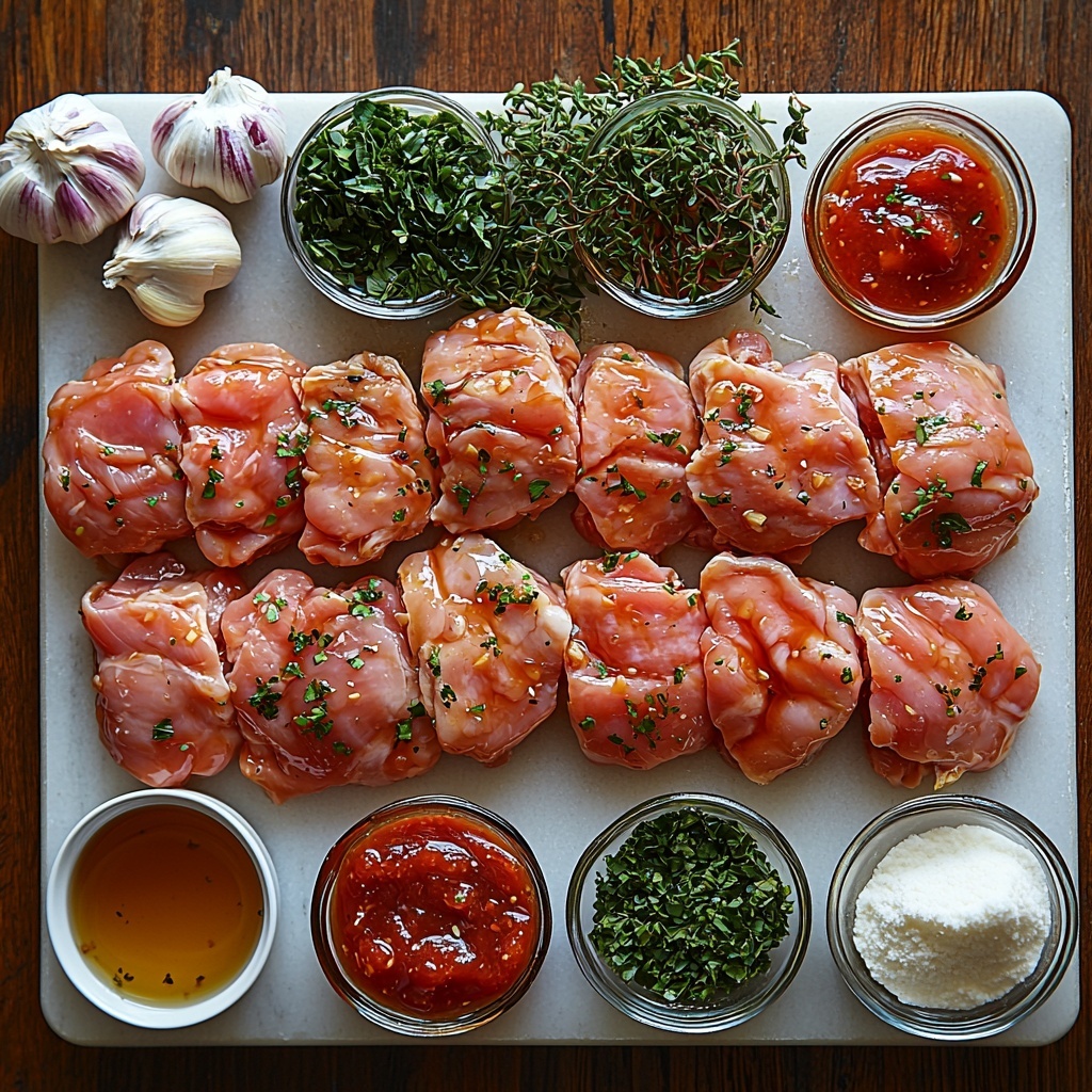 A clean white marble surface with all ingredients for slow cooker honey garlic chicken neatly arranged for a flat lay overhead shot. Raw chicken thighs displayed on a rustic wooden board, showing their plump, pink texture. Small clear glass bowls containing golden honey, deep amber soy sauce, and vibrant red ketchup placed evenly around the chicken. A tiny white dish with minced garlic cloves, showing their slightly rough texture. A small bowl with a milky white cornstarch slurry made of cornstarch mixed with water. Soft natural lighting highlighting the glossy honey and soy sauce, emphasizing rich colors and fresh ingredients. Minimalist style with subtle shadows and space between each element, capturing the essence of home cooking ingredients. Overhead shot, top down view, flat lay photography, professional food styling --ar 1:1 --q 2 --s 750 --v 6.1