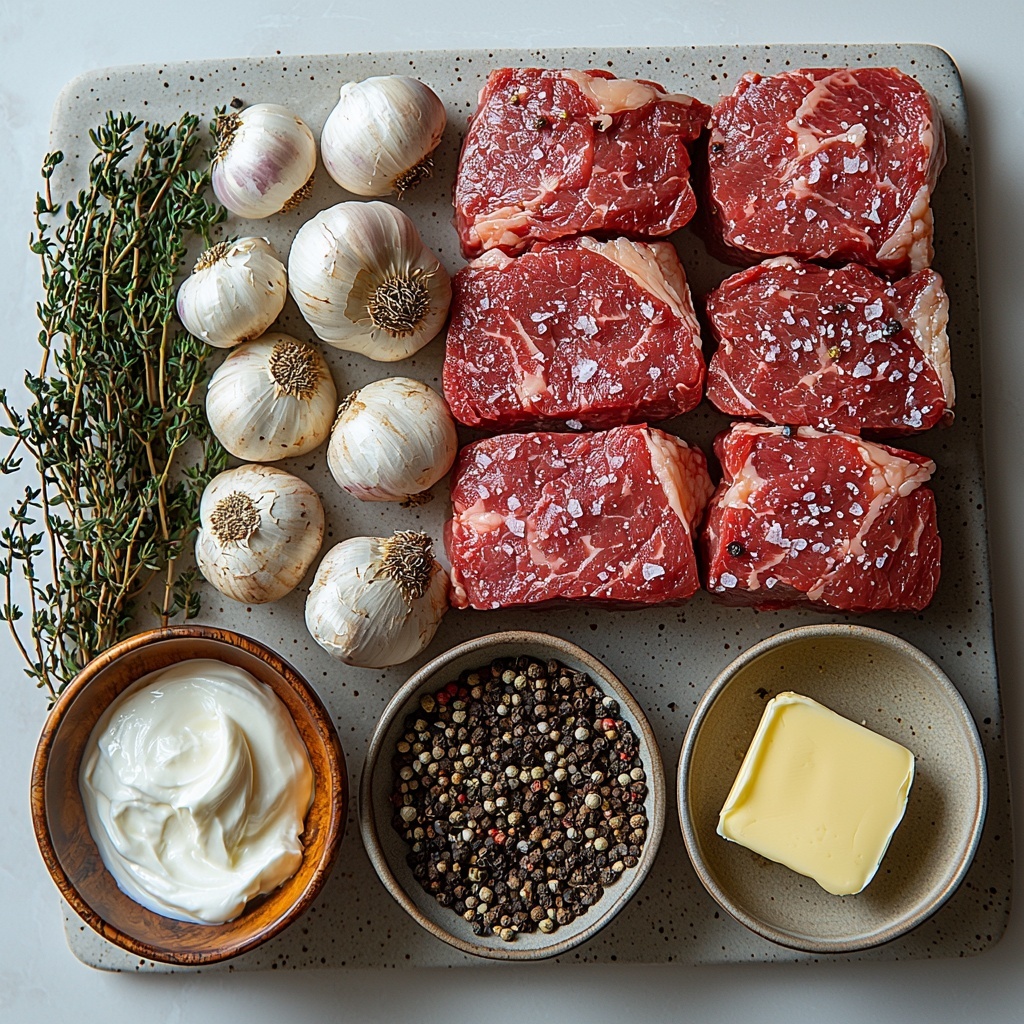 sirloin steak slices with marbled red and cream textures, coarse salt and cracked black pepper sprinkled nearby, golden butter pat on a small dish, thinly sliced translucent onion rings, whole and halved fresh brown mushrooms with earthy tones, two peeled garlic cloves with smooth white skins, a small bowl of rich dark beef broth, a rustic bowl of creamy off-white sour cream, all arranged neatly on a clean white surface with soft natural light casting gentle shadows, minimalistic styling with subtle herbs or wood accents for warmth, sharp details highlighting textures of meat and vegetables, overhead shot, top down view, flat lay photography, professional food styling --ar 1:1 --q 2 --s 750 --v 6.1
