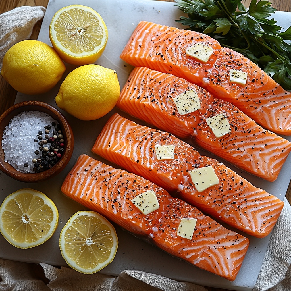 Flat lay photography of main ingredients for baked lemon butter salmon recipe arranged neatly on a clean white marble surface: four fresh pink salmon fillets with visible fat lines, a small pile of coarse sea salt and cracked black peppercorns in rustic wooden bowls, three tablespoons of golden melted butter in a clear glass dish, two whole garlic cloves with papery white skins, a bright yellow lemon sliced into thin rounds fanned out in a semi-circle, and a small bunch of vibrant green fresh parsley sprigs with leaf texture visible. The composition is balanced with natural soft lighting casting gentle shadows to emphasize textures—silky salmon flesh, shiny butter, rough garlic skins, and fresh leafy parsley—styled with minimal props like natural linen napkin edges and a light wood cutting board to add warmth without distraction. Colors are fresh and vibrant: pink, yellow, green, white, and warm brown tones. Overhead shot, top down view, flat lay photography, professional food styling --ar 1:1 --q 2 --s 750 --v 6.1