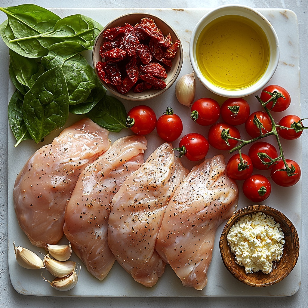 4 raw chicken breasts with smooth pale pink skin, a small pool of golden olive oil in a clear glass dish, three fresh garlic cloves with papery white skins, a vibrant cluster of red and glossy cherry tomatoes, a small bowl of richly textured dark red sun-dried tomatoes, a white ceramic cup filled with thick creamy heavy cream, a heap of finely grated pale yellow Parmesan cheese, and a bunch of fresh green spinach leaves with visible veins, all neatly arranged on a clean white marble surface. The ingredients are spaced evenly, showcasing a variety of textures from smooth and creamy to rough and leafy, with natural lighting highlighting their vibrant colors and freshness. A rustic wooden spoon and a small vintage bowl add subtle props to enhance the composition, with shadows softly diffused for a warm inviting feel. overhead shot, top down view, flat lay photography, professional food styling --ar 1:1 --q 2 --s 750 --v 6.1