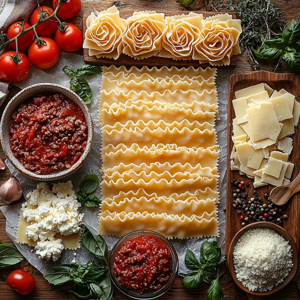 Flat lay photography of classic lasagna ingredients arranged neatly on a clean white wooden surface. Raw lasagna noodles stacked in a neat pile, their pale ivory color smooth and slightly glossy. Nearby, a small rustic bowl filled with bright red marinara sauce, its rich texture visible. Ground beef raw and fresh, deep reddish-brown with flecks of white fat, arranged loosely on parchment paper. A white ceramic bowl heaped with creamy ricotta cheese, soft and slightly grainy texture visible. A small glass container holding shredded mozzarella cheese, fluffy and ivory-white. A wooden spoon resting beside a small dish of finely grated Parmesan cheese, pale yellow with a slightly granular texture. Scattered around are fresh basil leaves and a few cherry tomatoes for a pop of green and red to enhance color balance. Soft natural lighting highlights the vibrant colors and varied textures, casting gentle shadows. The composition is balanced, clean, and inviting, styled with minimal rustic props like a linen napkin and wooden utensils. overhead shot, top down view, flat lay photography, professional food styling --ar 1:1 --q 2 --s 750 --v 6.1
