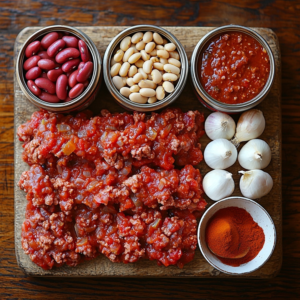 A clean, light wooden surface with all main ingredients for crock pot chili neatly arranged from above: a raw 2 lbs portion of rich red ground beef on a rustic ceramic plate, a medium golden-brown onion with papery skin partly peeled, two opened cans showing dark red kidney beans and creamy white beans side by side in small white bowls, a can of bright red diced tomatoes with juicy texture spilling slightly onto a white dish, and a small wooden scoop filled with warm reddish-brown chili seasoning powder with fine texture. The ingredients are spaced evenly with natural shadows, highlighting vibrant colors and contrasting textures—meaty, papery, glossy beans, and powdery spices. Minimal props, soft natural light from the side, subtle shadows, clean and inviting styling emphasizing freshness and homely comfort. Overhead shot, top down view, flat lay photography, professional food styling --ar 1:1 --q 2 --s 750 --v 6.1