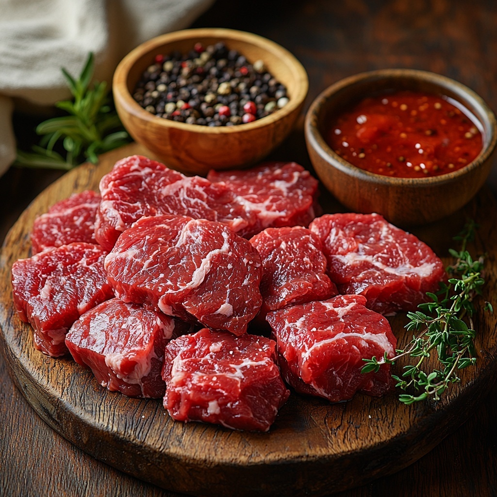 4 lb raw pork shoulder with visible marbling and natural texture, a rustic wooden bowl filled with vibrant red BBQ sauce showing glossy sheen, a small clear glass container of rich, golden broth, coarse sea salt crystals scattered artfully, and whole black peppercorns arranged in a small ceramic dish. All ingredients are neatly spread out on a clean, light wooden surface with natural warm lighting that highlights the varied textures and vibrant colors. Subtle shadows add depth, with minimalistic props like a linen napkin and a small fresh herb sprig placed to enhance the composition without distraction. The scene evokes a hearty, rustic feel with balanced negative space and crisp focus on each element. Overhead shot, top down view, flat lay photography, professional food styling --ar 1:1 --q 2 --s 750 --v 6.1