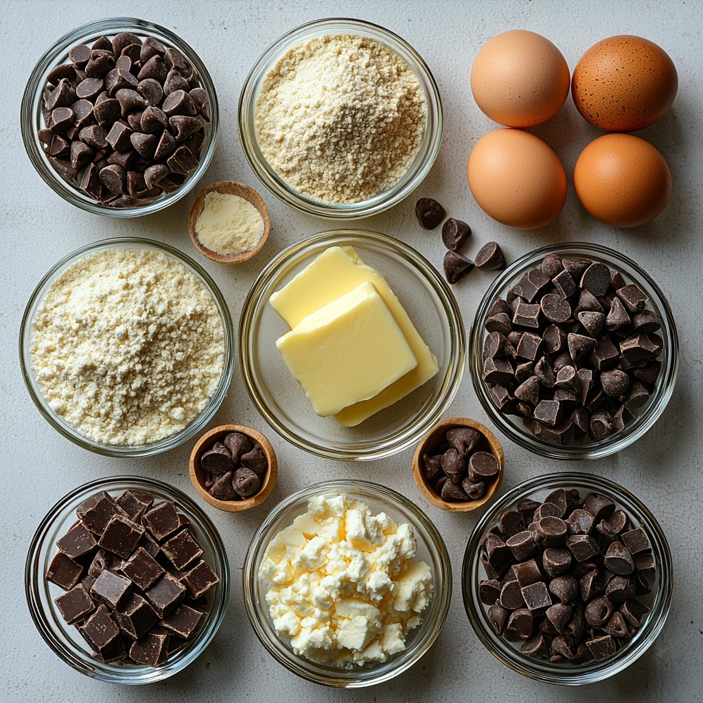 Flat lay photography of all main ingredients for chocolate chip cookies arranged neatly on a clean white surface. Includes a small glass bowl with soft, pale yellow butter, two small ceramic bowls—one filled with fine white flour and the other with light and dark golden brown sugar crystals. Two fresh whole eggs with smooth beige shells placed side by side. A clear glass bowl filled with glossy, dark brown and milk chocolate chips showing texture and shine. Surround ingredients with a wooden spoon and a small measuring cup for added interest. Soft natural lighting highlighting the creamy butter, grainy sugars, smooth eggs, and shiny chocolate chips. Minimal shadows, crisp focus, and clean, simple styling emphasizing warm neutral colors and rustic textures. Overhead shot, top down view, flat lay photography, professional food styling --ar 1:1 --q 2 --s 750 --v 6.1