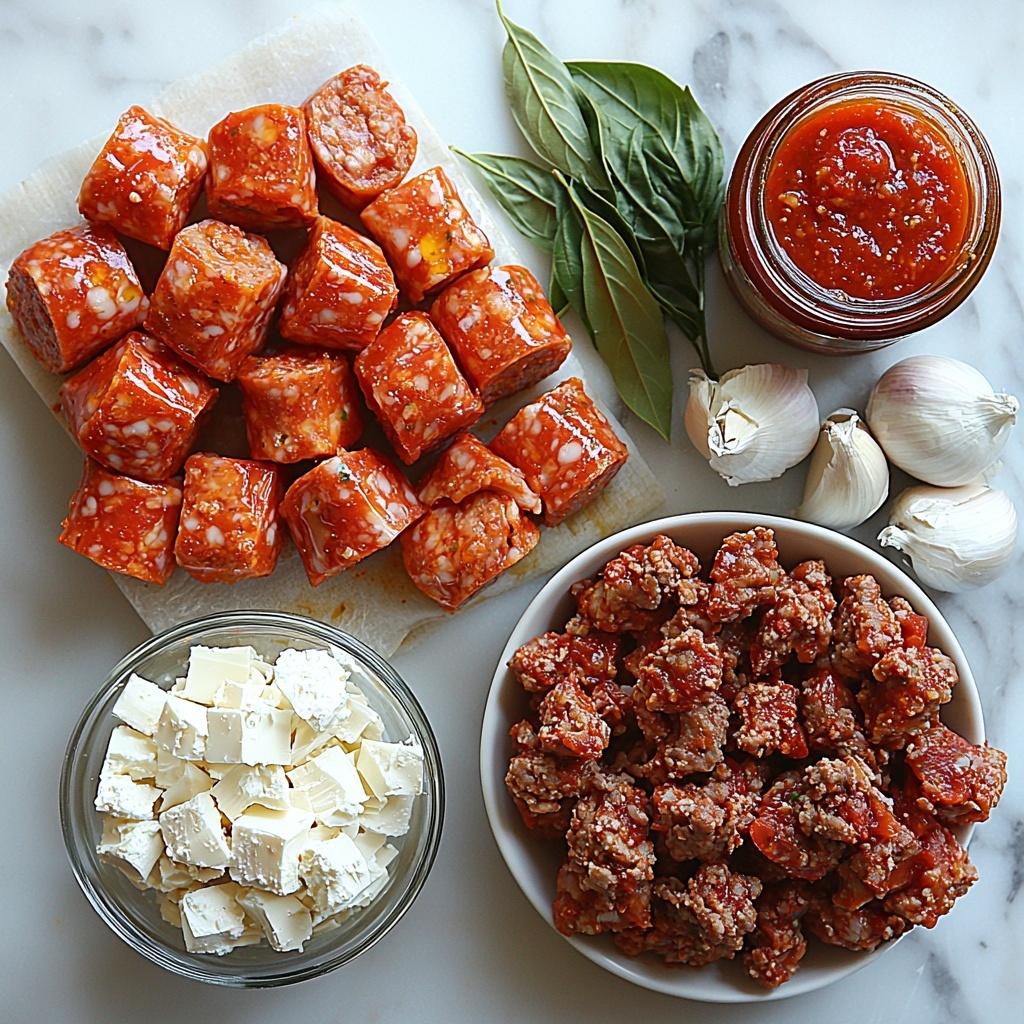 A clean, bright white surface with all ingredients carefully arranged in an inviting flat lay. In one area, a small glass bowl of rich golden olive oil, next to fresh ground beef and Italian sausage, their deep reddish-brown meats showing texture and marbling. Nearby, a white dish holds finely diced translucent onion pieces beside a small heap of minced garlic cloves glowing creamy white. A rustic can of bright red diced tomatoes contrasts with a clear bowl of thick, vibrant marinara sauce, alongside a measuring cup filled with golden chicken broth. Neatly scattered dried Italian seasoning and a single glossy green bay leaf add herbal accents. Broken gluten-free lasagna noodles are artfully spread, pale cream and slightly rough in texture. A small jar with smooth, creamy white almond milk ricotta cheese is set next to a sprig of fresh bright green parsley for a pop of color and freshness. The ingredients are spaced with aesthetic balance and slight shadows, styled with natural light for warmth and clarity. Overhead shot, top down view, flat lay photography, professional food styling --ar 1:1 --q 2 --s 750 --v 6.1