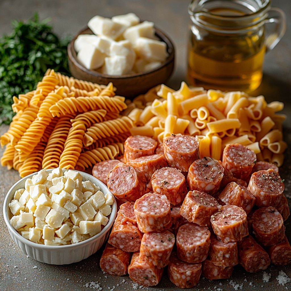 turkey sausage slices arranged in a small neat pile, diced boneless skinless chicken breast pieces scattered beside sausage, uncooked rotini or penne pasta spirals and tubes fanned out in a small heap, a small bowl of golden olive oil glistening, diced white onion cubes and minced garlic cloves placed separately on white ceramic spoons, a small mound of shredded Pepper Jack cheese with creamy orange and white marbling, a smaller heap of finely grated Parmesan cheese in pale ivory, fresh bright green chopped parsley sprinkled loosely nearby, a rustic measuring cup filled with light golden chicken broth, a small glass jug of thick white heavy cream, individual piles of dried Italian seasoning herbs, coarse salt crystals and cracked black peppercorns arranged elegantly on a clean matte cream surface, natural soft lighting highlighting textures and colors, subtle shadows for depth, minimalistic and airy styling with space around each element for clarity, overhead shot, top down view, flat lay photography, professional food styling --ar 1:1 --q 2 --s 750 --v 6.1