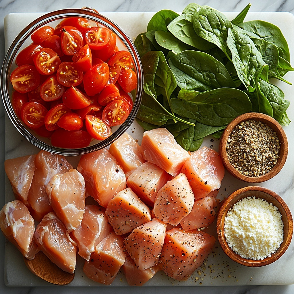 Boneless, skinless chicken breasts, a clear glass bowl of low-sodium chicken broth, a can of bright red diced tomatoes with some juice visible, a small rustic bowl of mixed Italian seasoning with green and brown herbs, coarse salt and cracked black pepper scattered in small piles, a small pitcher of thick heavy cream with a smooth texture, fresh vibrant green spinach leaves loosely arranged beside a handful of small pale pasta shapes like ditalini or orzo, a wooden bowl filled with finely grated Parmesan cheese showing the light creamy texture and tiny fluffy curds. All ingredients are neatly arranged on a clean white marble surface with natural soft daylight illuminating the scene, gentle shadows adding depth, minimal props like a wooden spoon and linen napkin casually placed for warmth and inviting feel, vibrant colors and varied textures highlighting freshness and rustic comfort. Overhead shot, top down view, flat lay photography, professional food styling --ar 1:1 --q 2 --s 750 --v 6.1