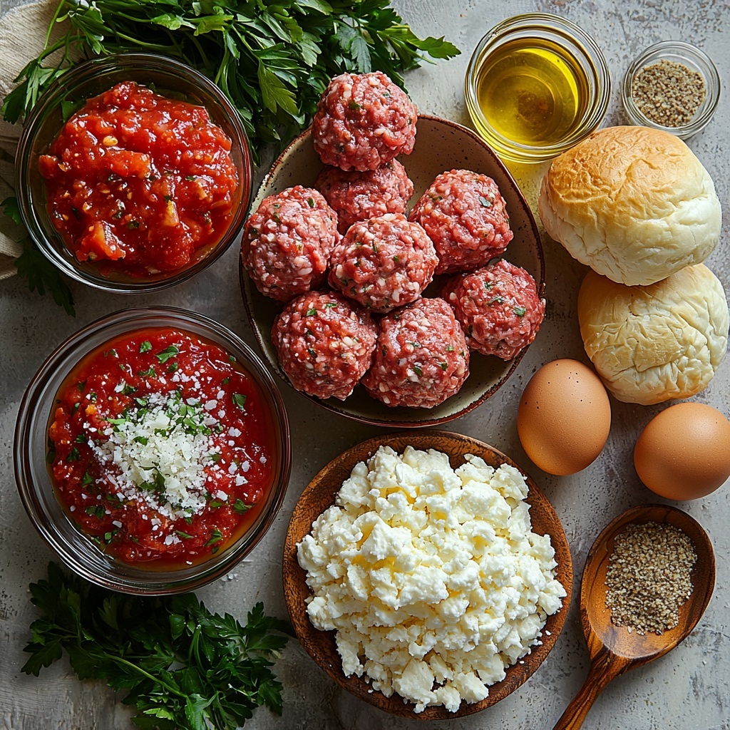 a clean, bright white surface featuring neatly arranged ingredients for meatball marinara sliders: raw ground beef (or turkey) in a small rustic bowl showing rich red and pink tones with marbled texture, a cup of golden breadcrumbs in a clear glass bowl, a small pile of finely grated pale yellow Parmesan cheese, a bunch of fresh vibrant green parsley leaves loosely scattered, one large brown egg cracked open beside an uncracked one on a smooth white plate, two garlic cloves peeled with a slightly rough papery texture, a small wooden spoon holding light beige onion powder and another spoon with mixed Italian seasoning herbs in green and brown hues, coarse salt and black peppercorns in tiny glass containers, a bowl of bright red marinara sauce with visible tomato chunks and herbs, a stack of soft, golden slider buns with a fluffy texture and slightly shiny crust, a heap of shredded mozzarella cheese in soft white strands, and a small glass dish of glossy golden olive oil. Ingredients are artistically spaced with deliberate negative space, subtle natural shadows enhancing texture, styled with a minimalist rustic vibe including a linen napkin edge and wooden utensils partially visible to add warmth. overhead shot, top down view, flat lay photography, professional food styling --ar 1:1 --q 2 --s 750 --v 6.1