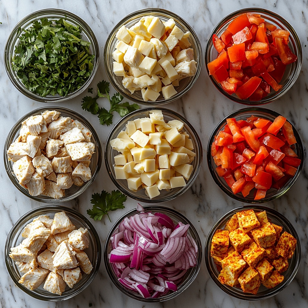 chicken breast cubes, small diced onion, small diced red bell pepper, shredded Monterey jack cheese, large flour tortillas, olive oil in small glass bowls, taco seasoning packet; ingredients neatly arranged on a clean white marble surface in separate small rustic ceramic bowls and piles, vibrant colors of red bell pepper and white onion contrasting with pale chicken and creamy cheese, the tortillas stacked slightly fanned out showing soft texture, small drizzle of olive oil on smooth surface for subtle shine, light scattering to enhance textures and freshness, styled with minimal wooden spoons and a small sprig of fresh cilantro for color accent, clean and airy composition emphasizing natural colors and textures, overhead shot, top down view, flat lay photography, professional food styling --ar 1:1 --q 2 --s 750 --v 6.1