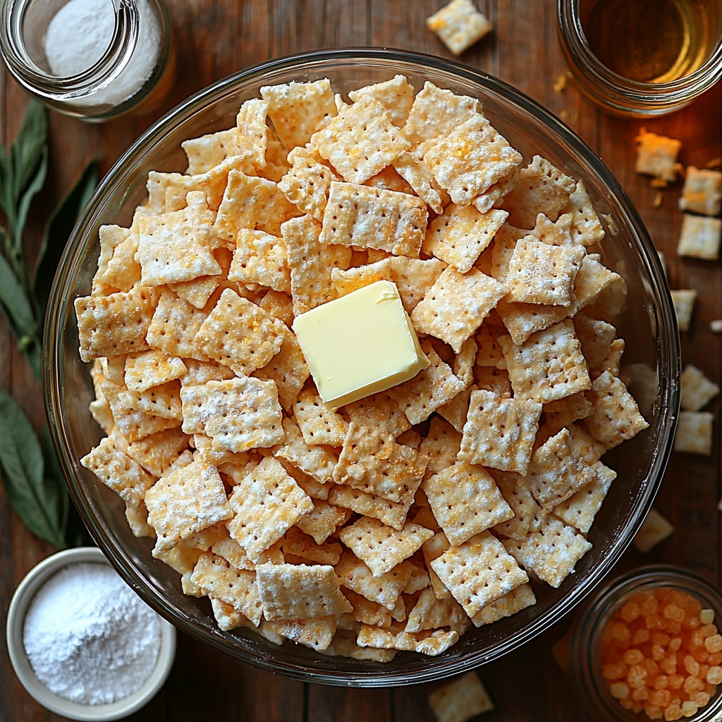 Chex cereal in a large rustic glass bowl, smooth white chocolate chips scattered neatly beside it, a small vintage dish with soft golden unsalted butter, fresh bright orange zest arranged artistically on a white ceramic plate, delicate glass bowls holding translucent vanilla extract and vibrant orange food coloring drops, a heap of fine powdered sugar on a clean white linen napkin; all ingredients placed thoughtfully on a crisp, clean wooden surface with natural soft lighting highlighting the contrasting textures and fresh, warm colors—shadows gently diffused, edges crisp and inviting, styled with minimal props to emphasize freshness and simplicity, a warm and approachable mood, overhead shot, top down view, flat lay photography, professional food styling --ar 1:1 --q 2 --s 750 --v 6.1