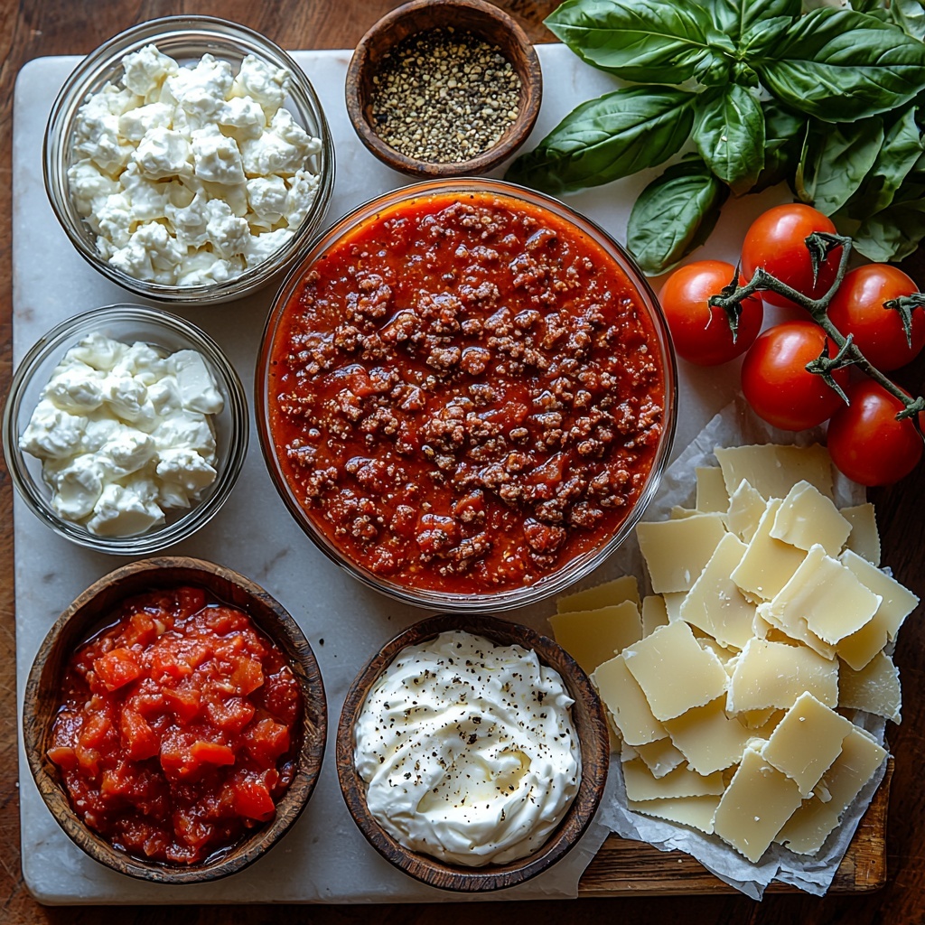 A clean white marble surface with all main ingredients for rich lasagna soup artfully arranged in small rustic bowls and scattered naturally around: raw ground beef, vibrant red marinara sauce in a small jar, bright red diced tomatoes in a clear glass bowl, diced white onion pieces displayed neatly on a wooden board, a large clear bowl of rich brown beef broth, small ceramic dishes with garlic powder, onion powder, Italian seasoning, oregano, paprika, and red pepper flakes arranged in a row, coarse salt and black pepper in tiny porcelain spoons. Broken rectangular sheets of dry golden-yellow lasagna pasta overlapping casually with torn fresh green basil leaves scattered nearby. Thick, creamy white Fage Greek yogurt in a small bowl, shredded mozzarella cheese piled softly on a linen napkin, smooth ricotta dolloped on a vintage plate, and grated parmesan sprinkled loosely on parchment paper. The colors pop with reds, greens, and creamy whites contrasting against the neutral background. Textures range from rough ground beef and dry pasta to smooth yogurt and soft cheeses. Soft natural lighting highlights freshness and depth. A stylish, inviting, appetizing setup. Overhead shot, top down view, flat lay photography, professional food styling --ar 1:1 --q 2 --s 750 --v 6.1
