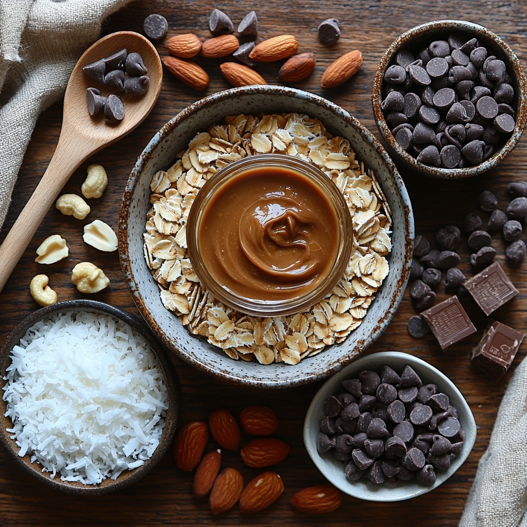 Rolled oats in a rustic ceramic bowl, creamy peanut butter in a small glass jar with visible smooth texture, a wooden spoon resting beside a pool of golden honey, a heap of rich dark unsweetened cocoa powder on a white ceramic plate, glossy semi-sweet chocolate chips scattered nearby, a small clear bowl of vanilla extract glistening, a tiny dish with fine salt crystals, optional toppings arranged artfully: shredded white coconut flakes, a handful of crushed mixed nuts, extra chocolate chips sprinkled around. All ingredients laid out on a clean bright wooden surface with natural daylight highlighting the varied textures and warm earthy tones, styled with neutral linen napkins and minimal props to enhance the organic, wholesome feel. overhead shot, top down view, flat lay photography, professional food styling --ar 1:1 --q 2 --s 750 --v 6.1